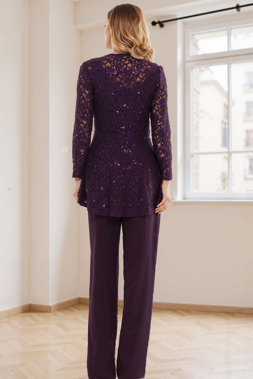 Steel Grey Glitter Sequin Boat Neck 3 Piece Mother of the Bride Pant Suits