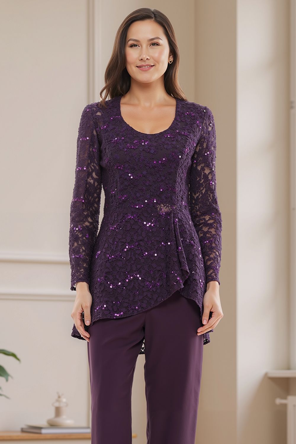 Steel Grey Glitter Sequin Boat Neck 3 Piece Mother of the Bride Pant Suits