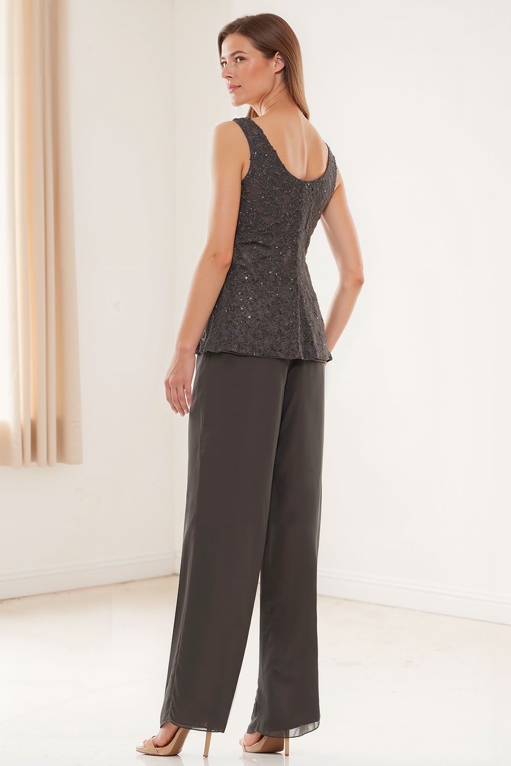 Steel Grey Glitter Sequin Boat Neck 3 Piece Mother of the Bride Pant Suits