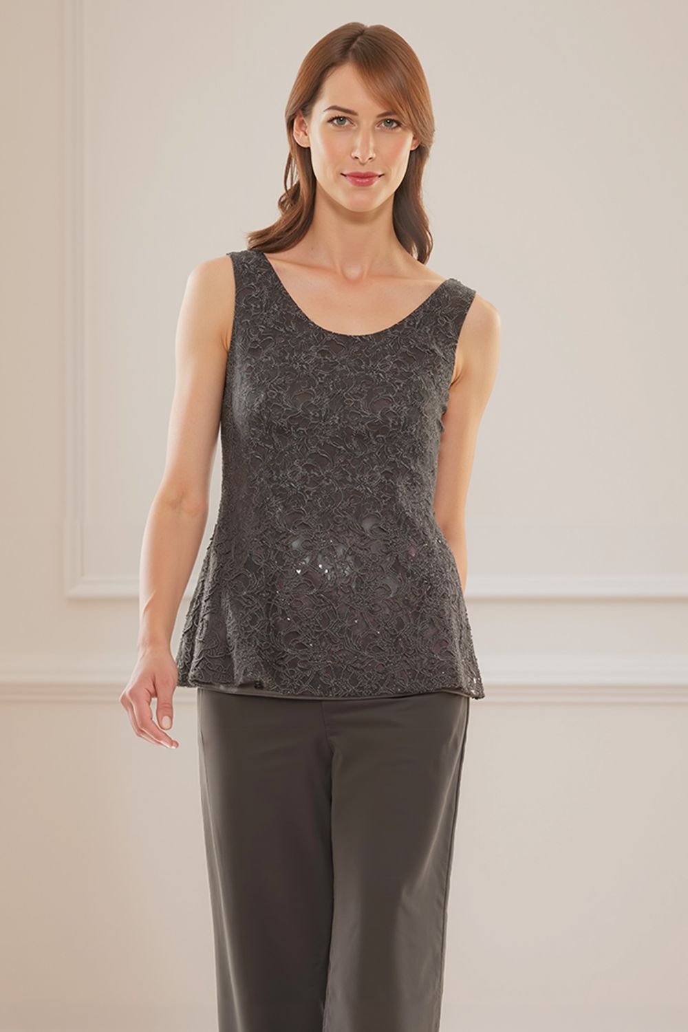 Steel Grey Glitter Sequin Boat Neck 3 Piece Mother of the Bride Pant Suits