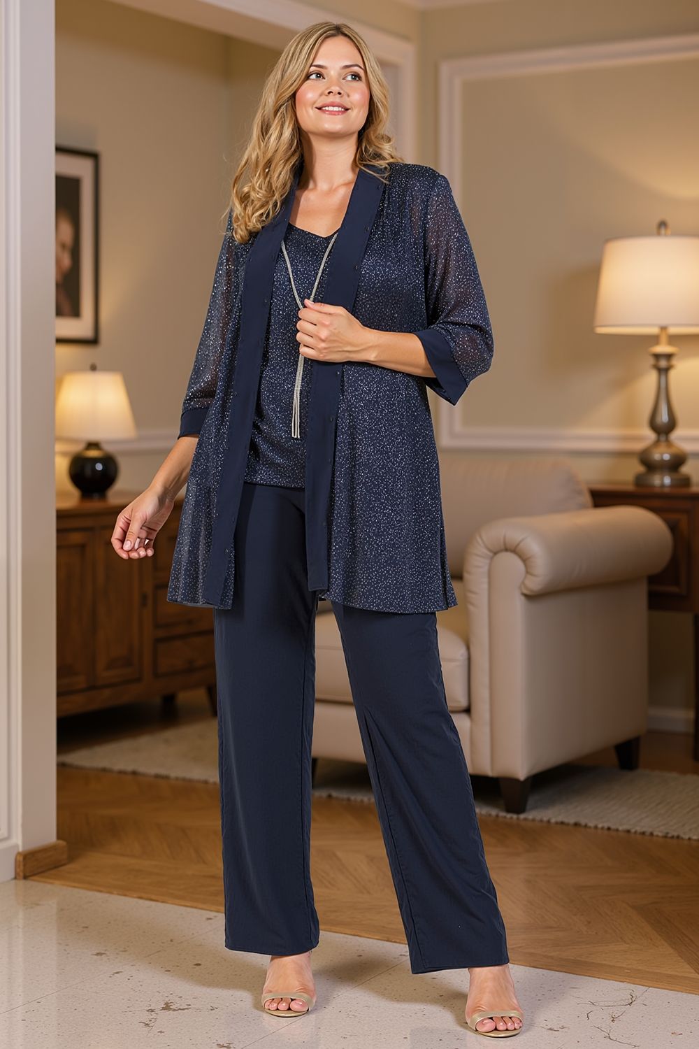 Navy Glitter Sequin Boat Neck 3 Piece Mother of the Bride Pant Suits with Jacket