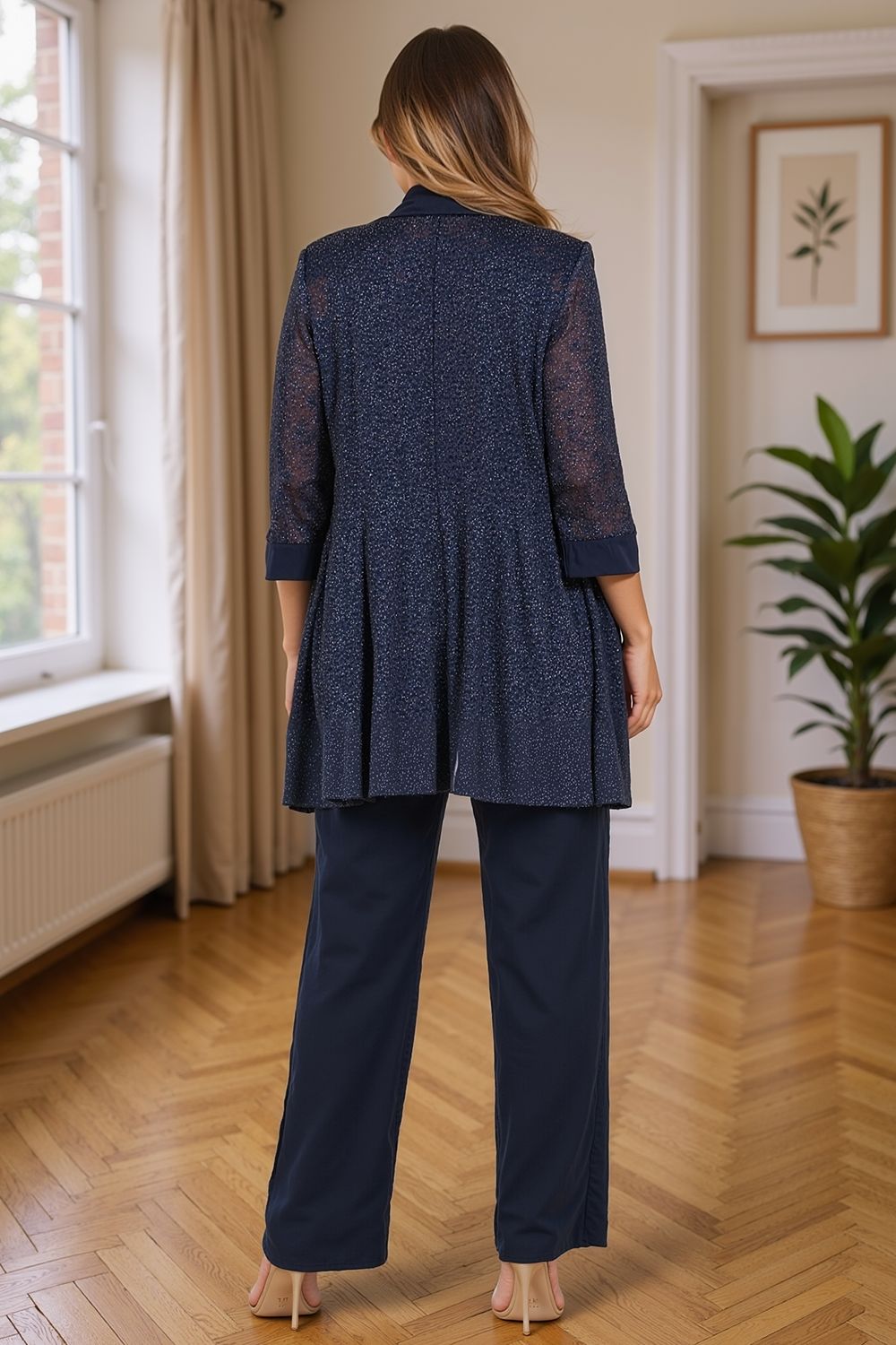 Navy Glitter Sequin Boat Neck 3 Piece Mother of the Bride Pant Suits with Jacket