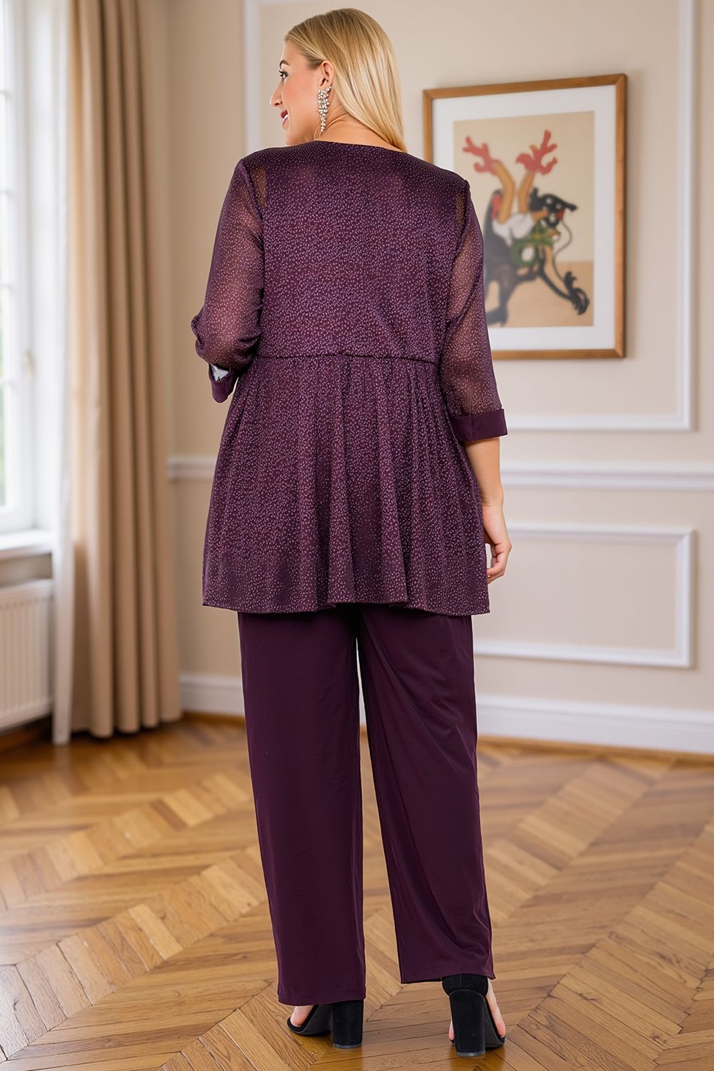 Navy Glitter Sequin Boat Neck 3 Piece Mother of the Bride Pant Suits with Jacket