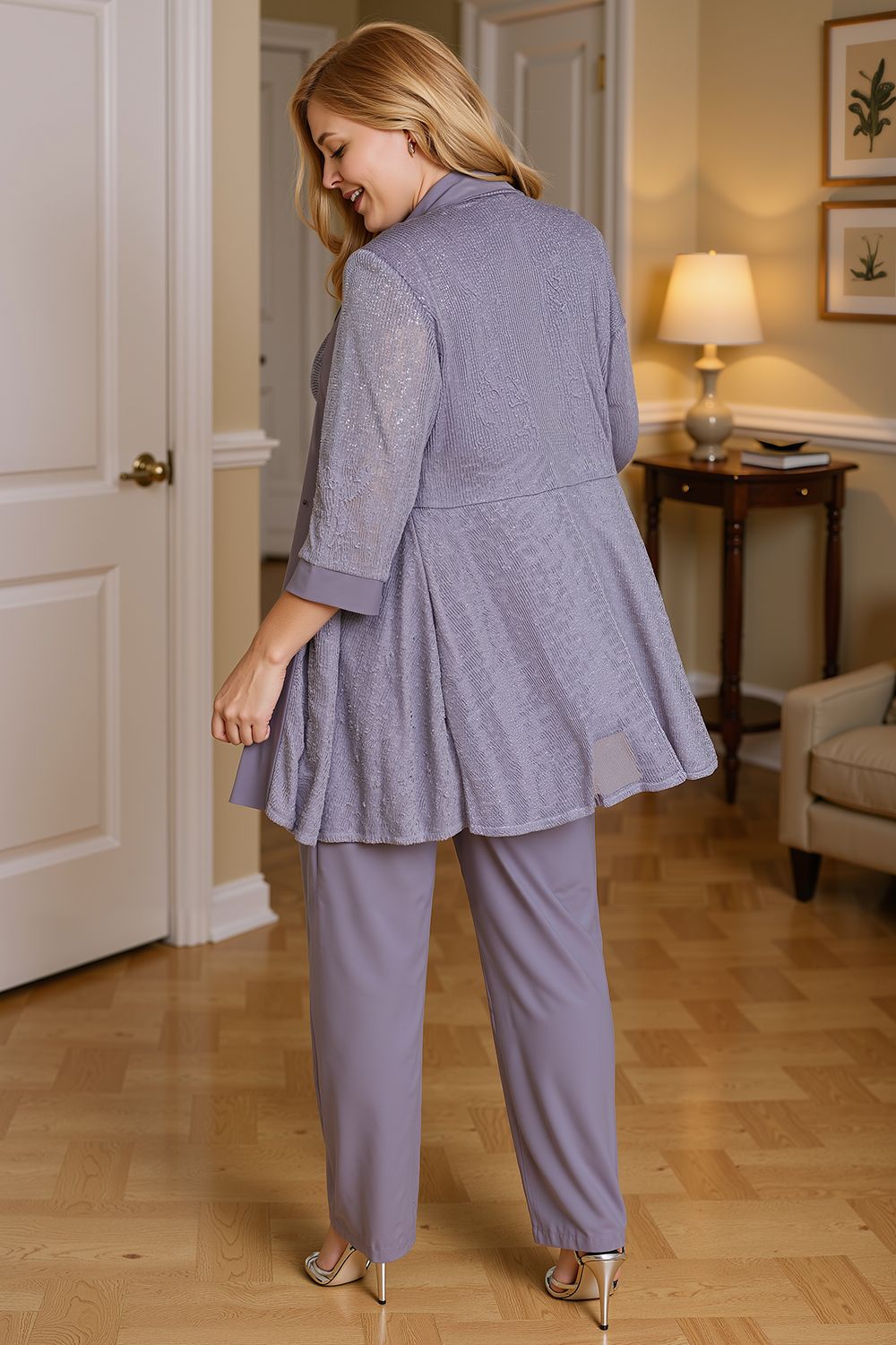 Navy Glitter Sequin Boat Neck 3 Piece Mother of the Bride Pant Suits with Jacket