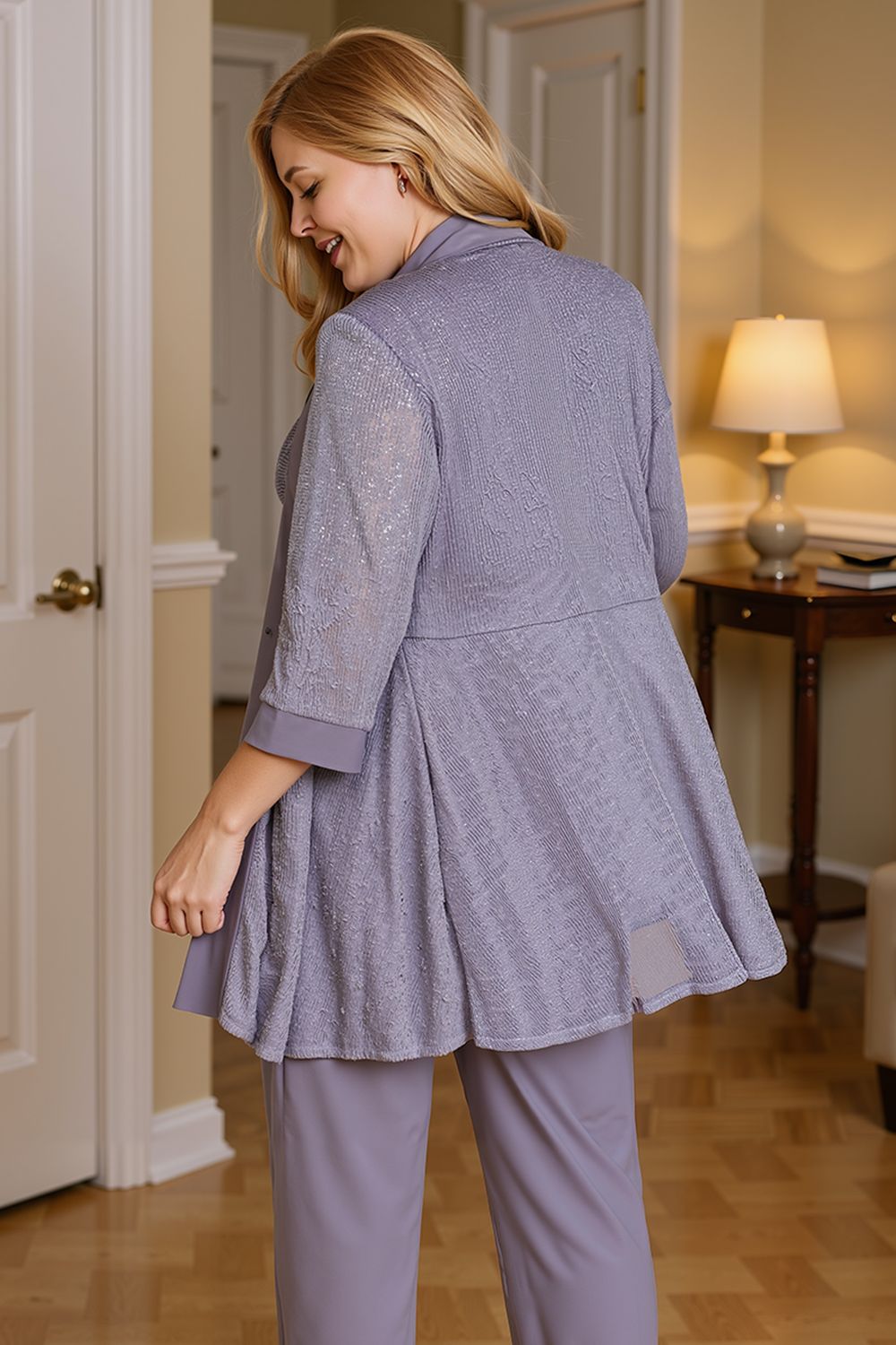 Navy Glitter Sequin Boat Neck 3 Piece Mother of the Bride Pant Suits with Jacket