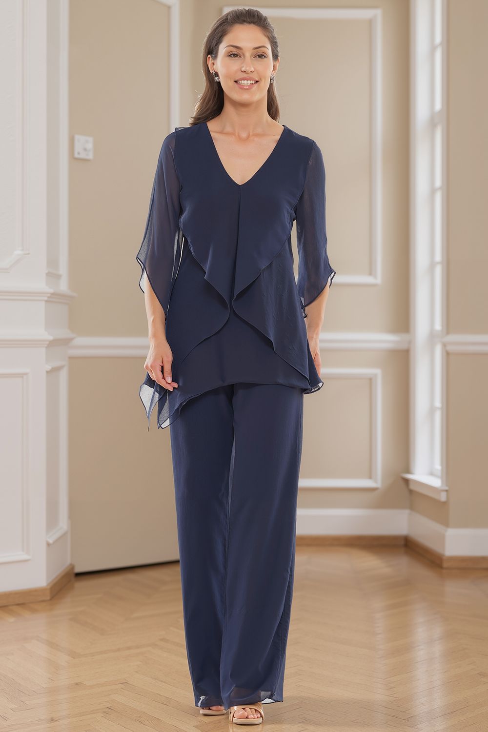 Navy V-Neck Chiffon 2 Piece Mother of the Bride Pant Suits with Sleeves