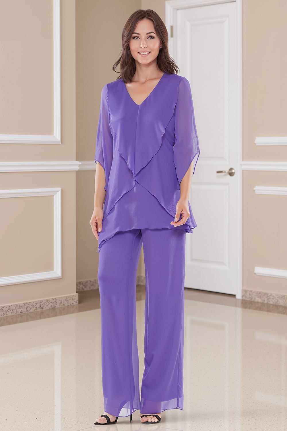 Navy V-Neck Chiffon 2 Piece Mother of the Bride Pant Suits with Sleeves
