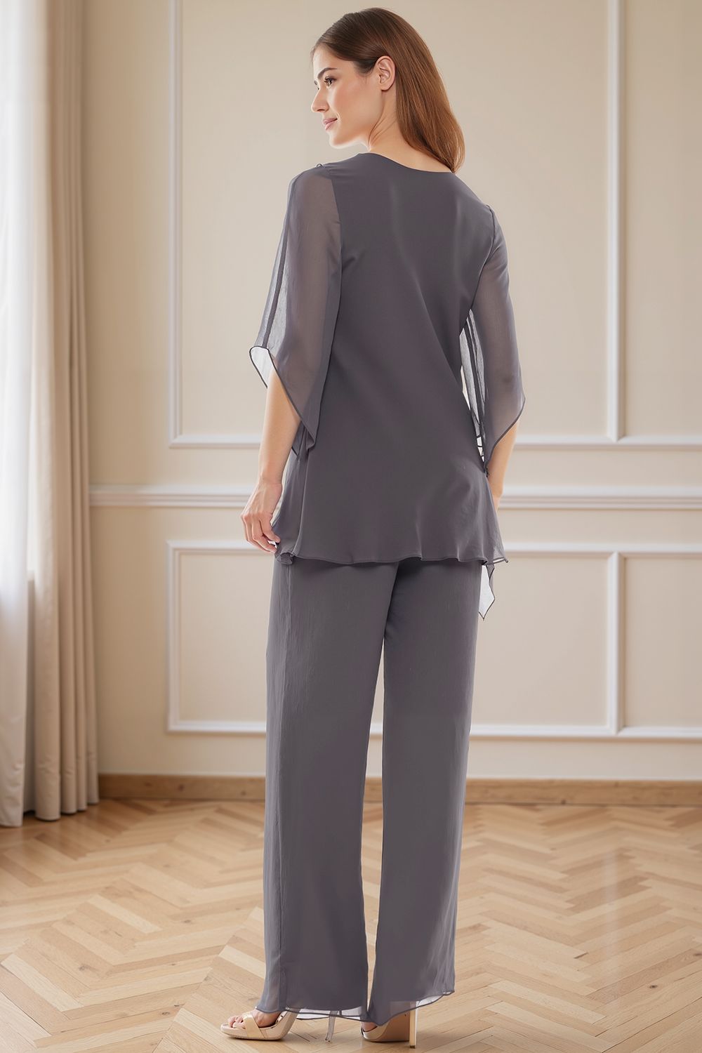 Navy V-Neck Chiffon 2 Piece Mother of the Bride Pant Suits with Sleeves