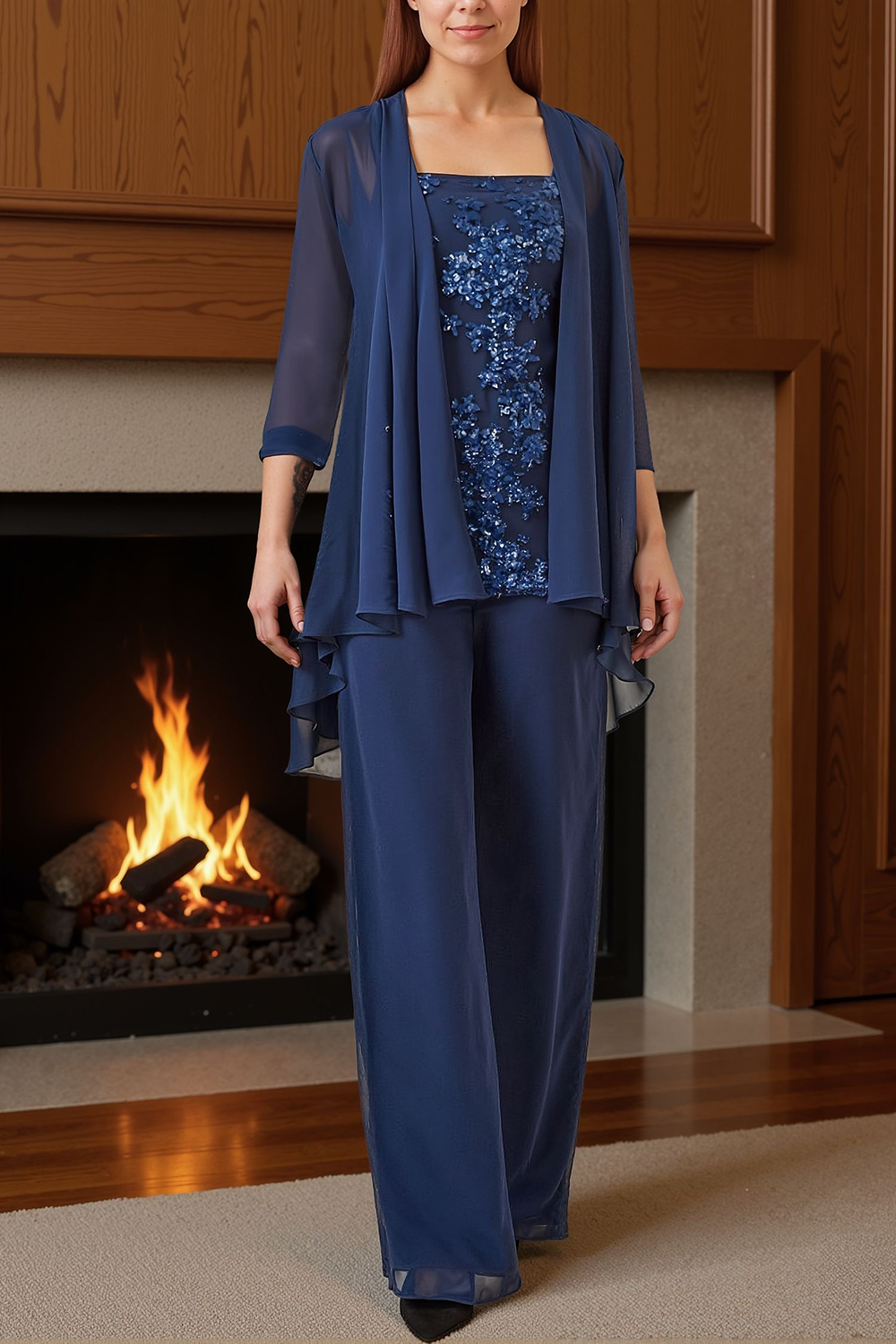 Dark Blue Floral Chiffon 3 Piece Mother of the Bride Pant Suits with Jacket