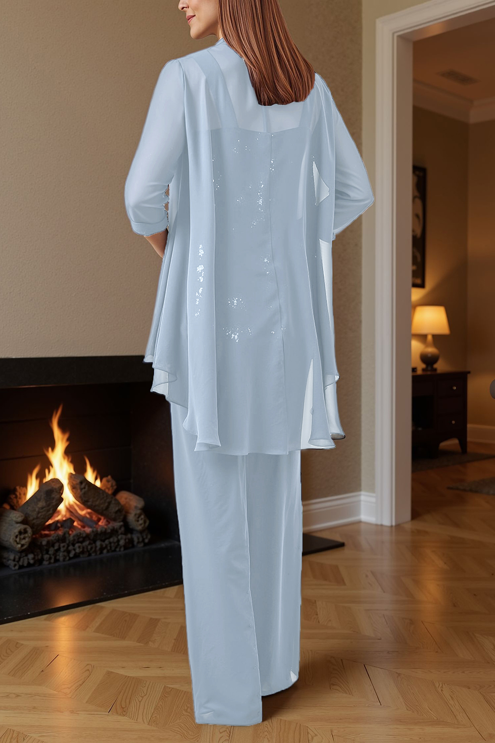 Dark Blue Floral Chiffon 3 Piece Mother of the Bride Pant Suits with Jacket