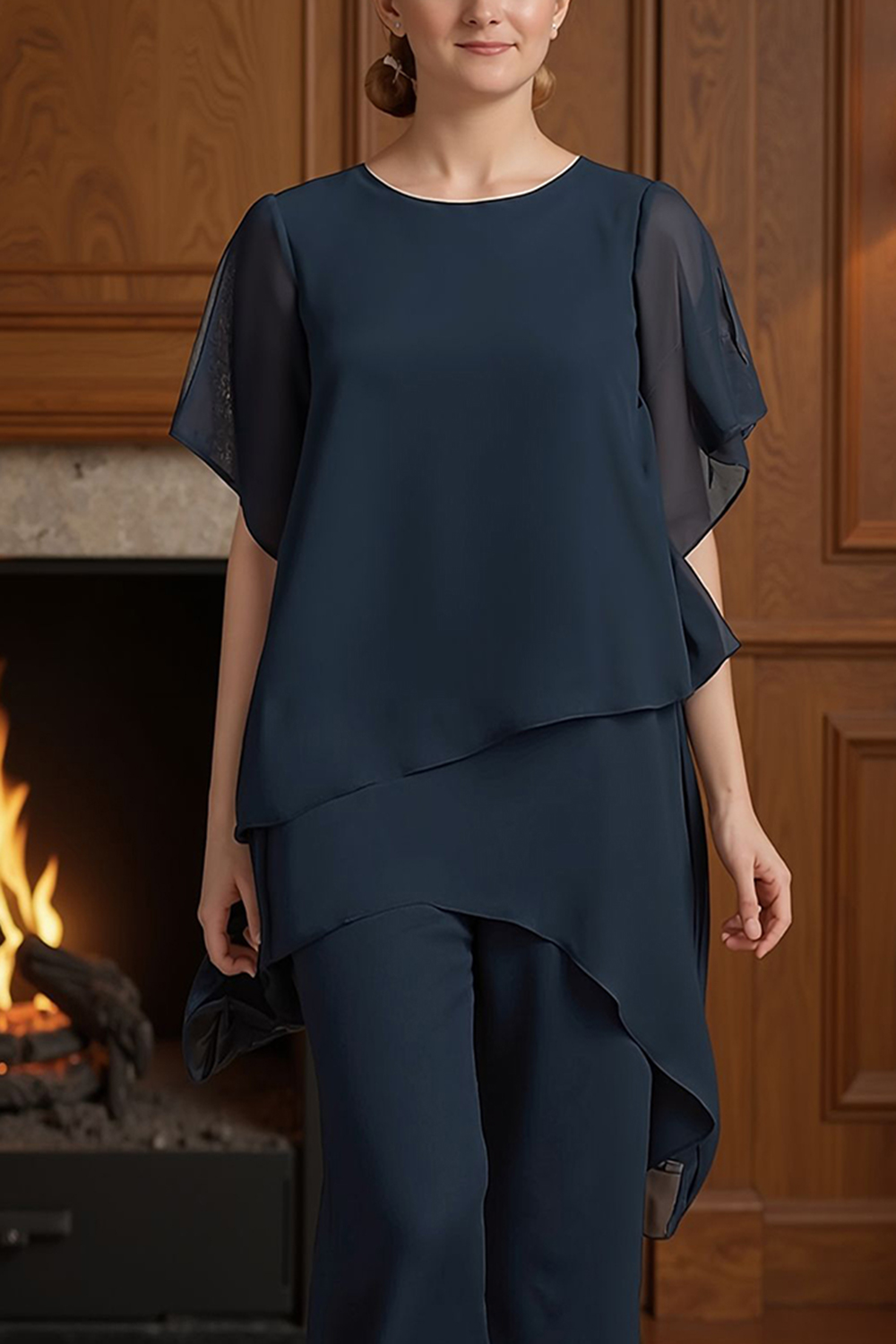 Navy Chiffon Boat Neck 2 Piece Mother of the Bride Pant Suits with Cape