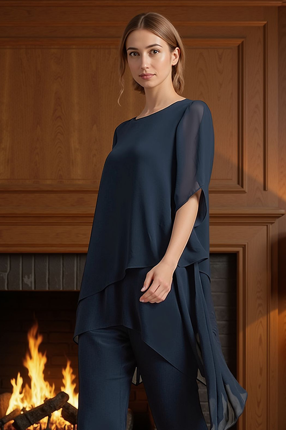 Navy Chiffon Boat Neck 2 Piece Mother of the Bride Pant Suits with Cape