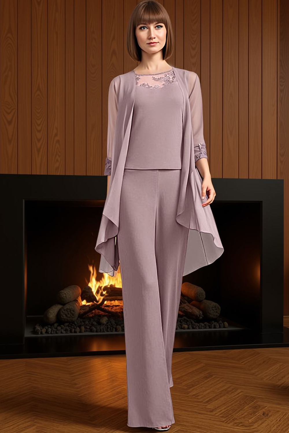 Navy Boat Neck Chiffon 3 Piece Mother of the Bride Pant Suits with Jacket