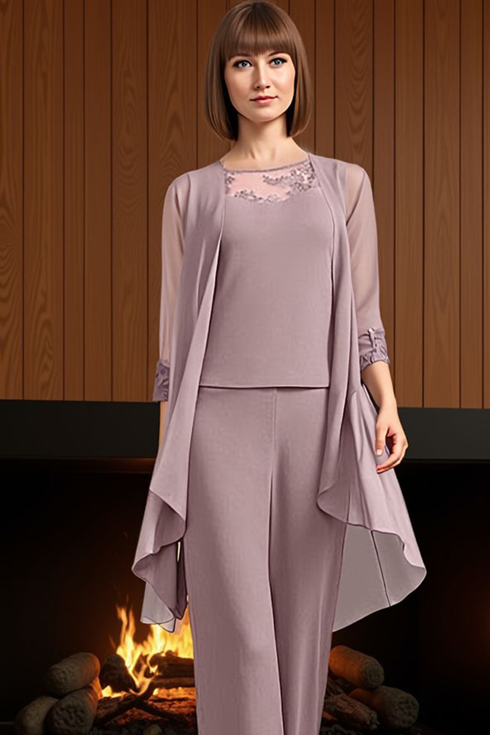 Navy Boat Neck Chiffon 3 Piece Mother of the Bride Pant Suits with Jacket