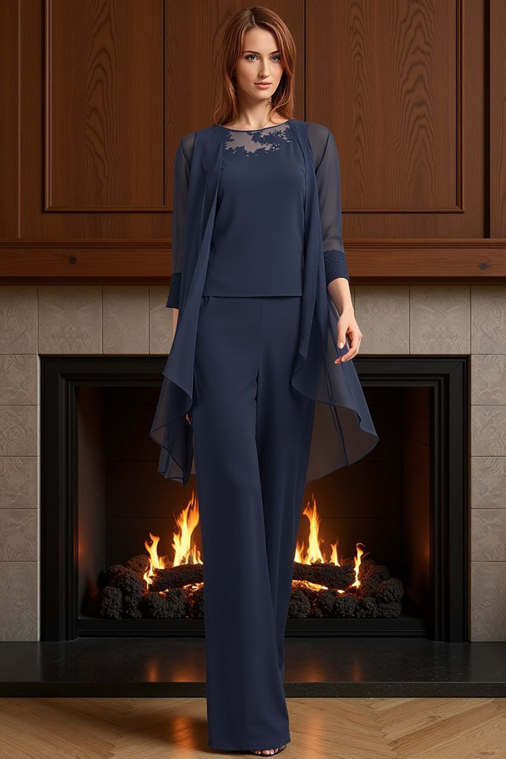 Navy Boat Neck Chiffon 3 Piece Mother of the Bride Pant Suits with Jacket
