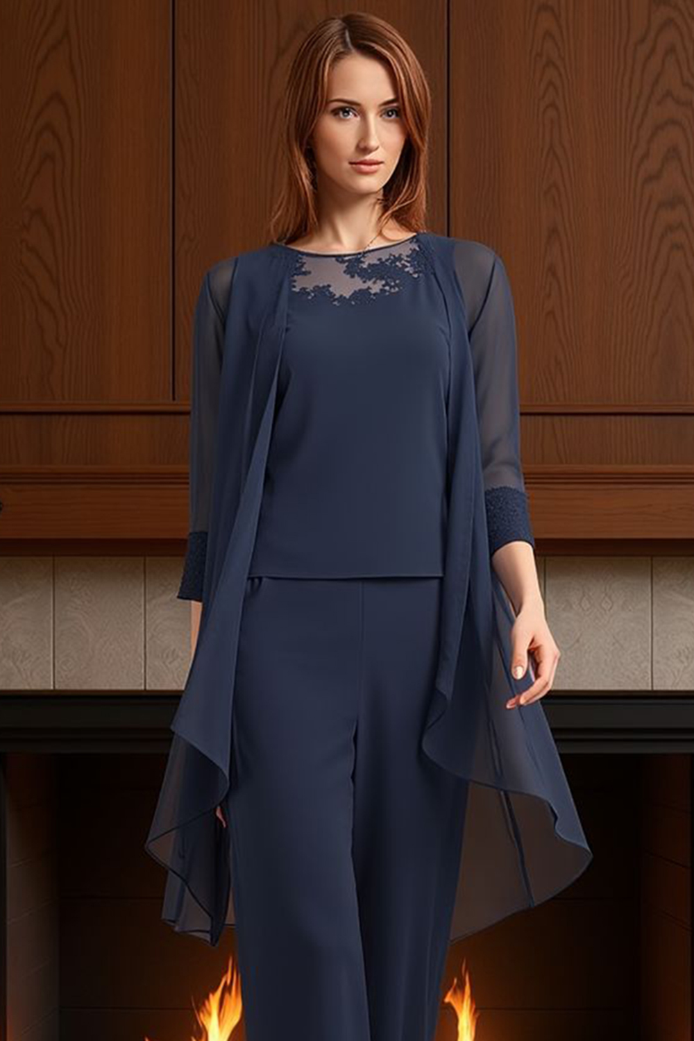 Navy Boat Neck Chiffon 3 Piece Mother of the Bride Pant Suits with Jacket