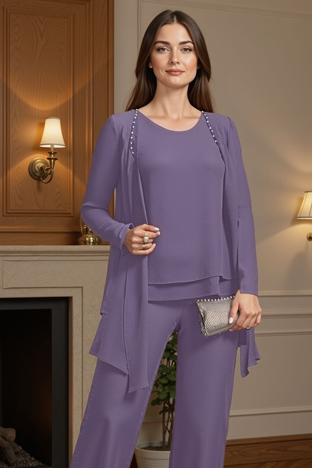 Sparkly Purple Beaded Boat Neck 3 Piece Mother of the Bride Pant Suits with Jacket