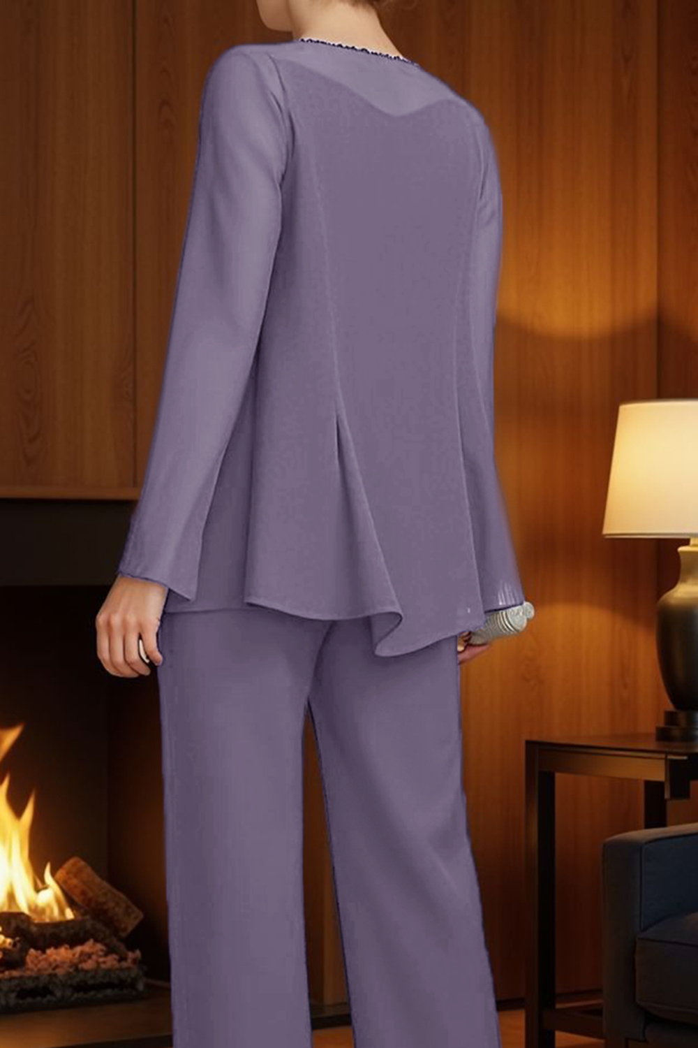 Sparkly Purple Beaded Boat Neck 3 Piece Mother of the Bride Pant Suits with Jacket