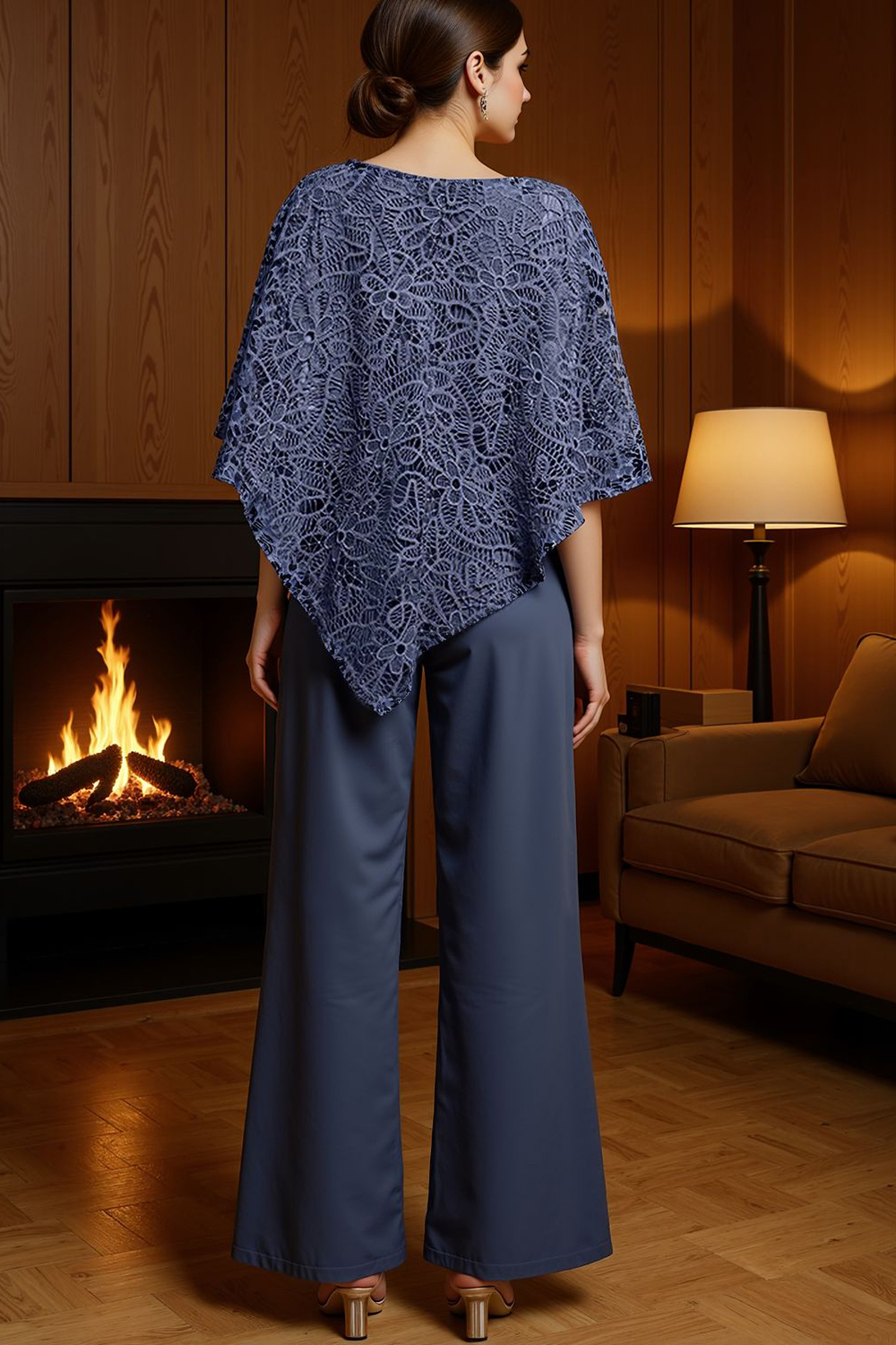 Dark Blue Lace Boat Neck 2 Piece Mother of the Bride Pant Suits with Sleeves