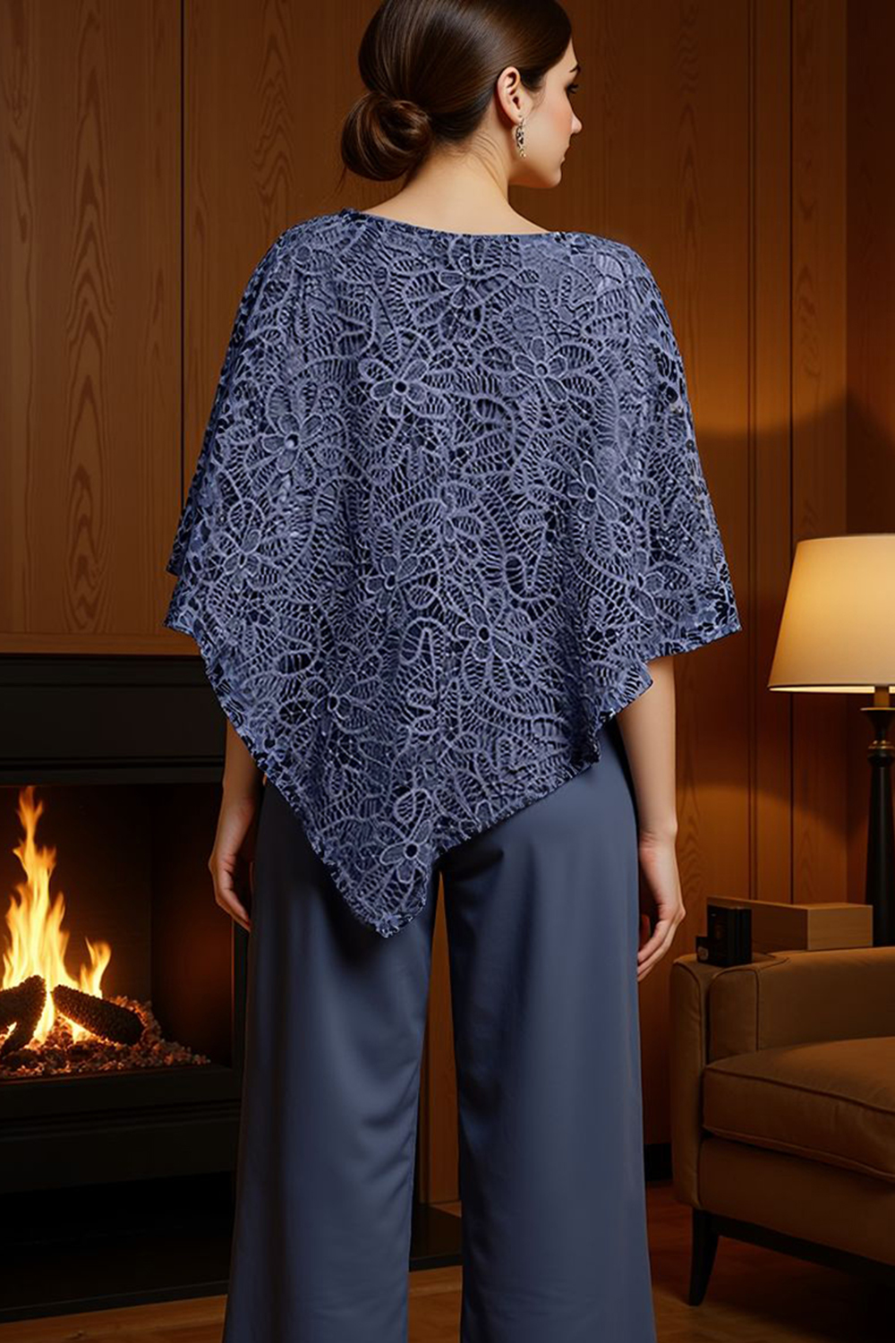 Dark Blue Lace Boat Neck 2 Piece Mother of the Bride Pant Suits with Sleeves