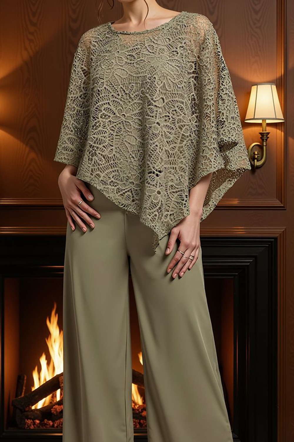 Dark Blue Lace Boat Neck 2 Piece Mother of the Bride Pant Suits with Sleeves