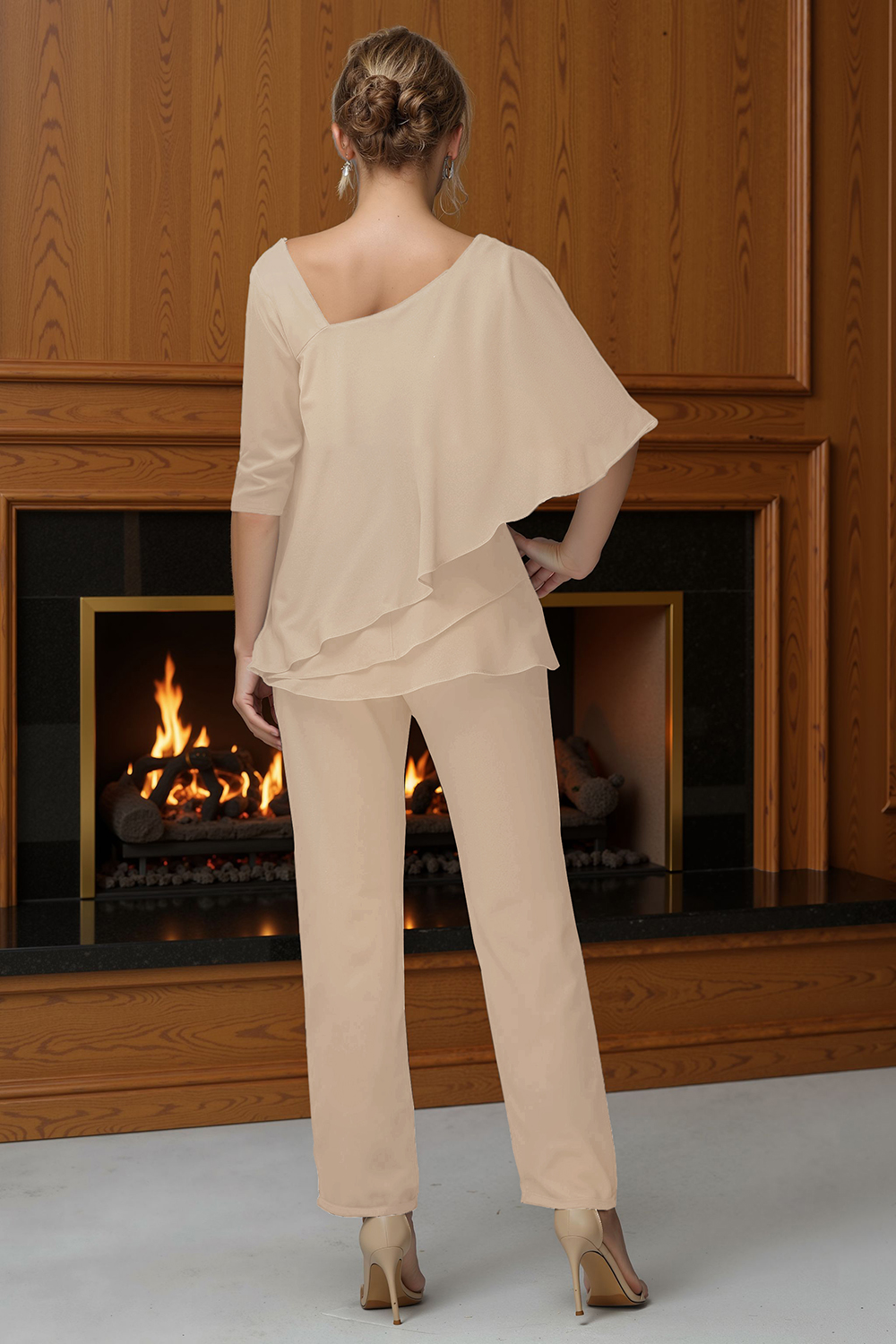 Black Tiered Satin 2 Piece Mother of the Bride Pant Suits with Sleeves