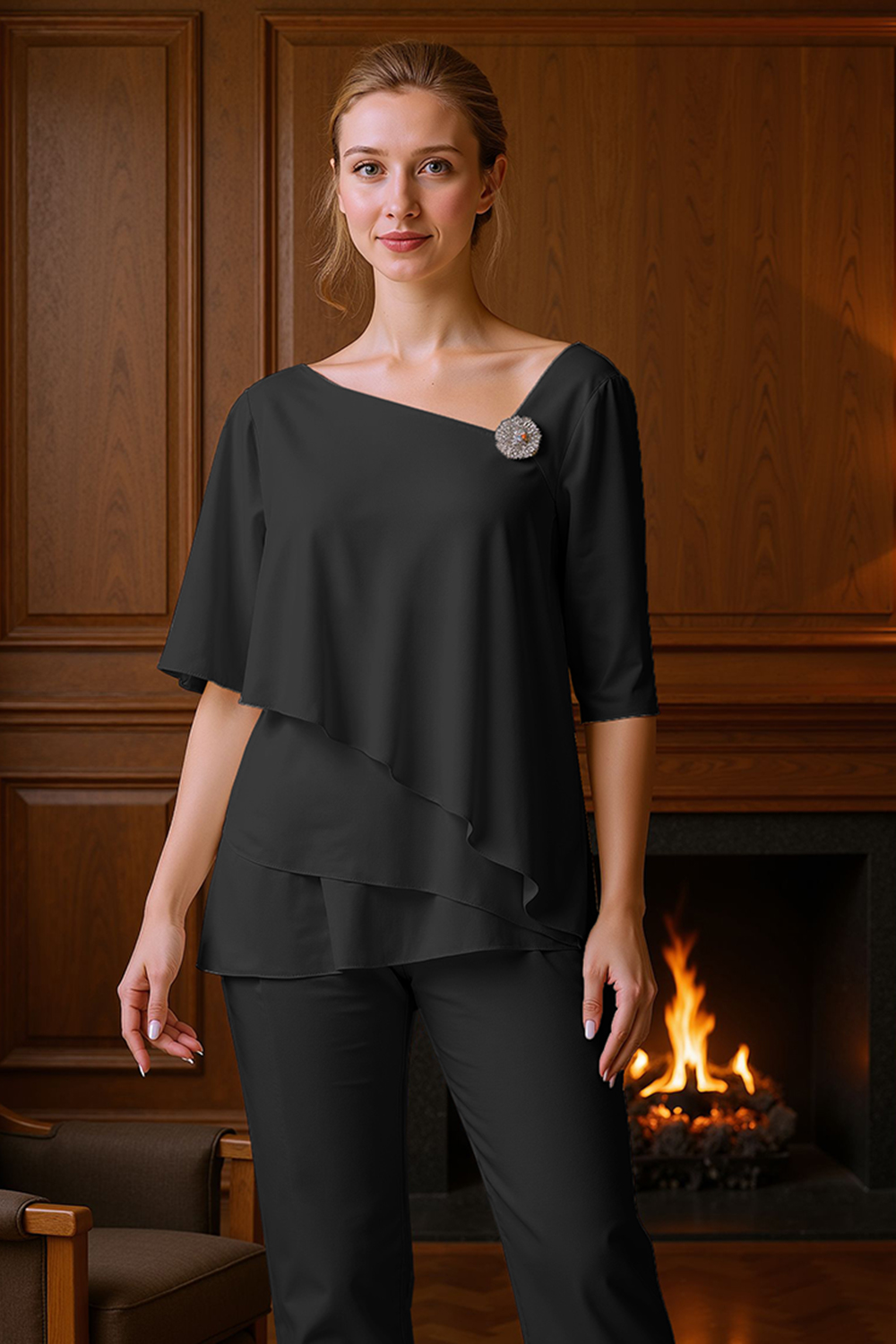 Black Tiered Satin 2 Piece Mother of the Bride Pant Suits with Sleeves