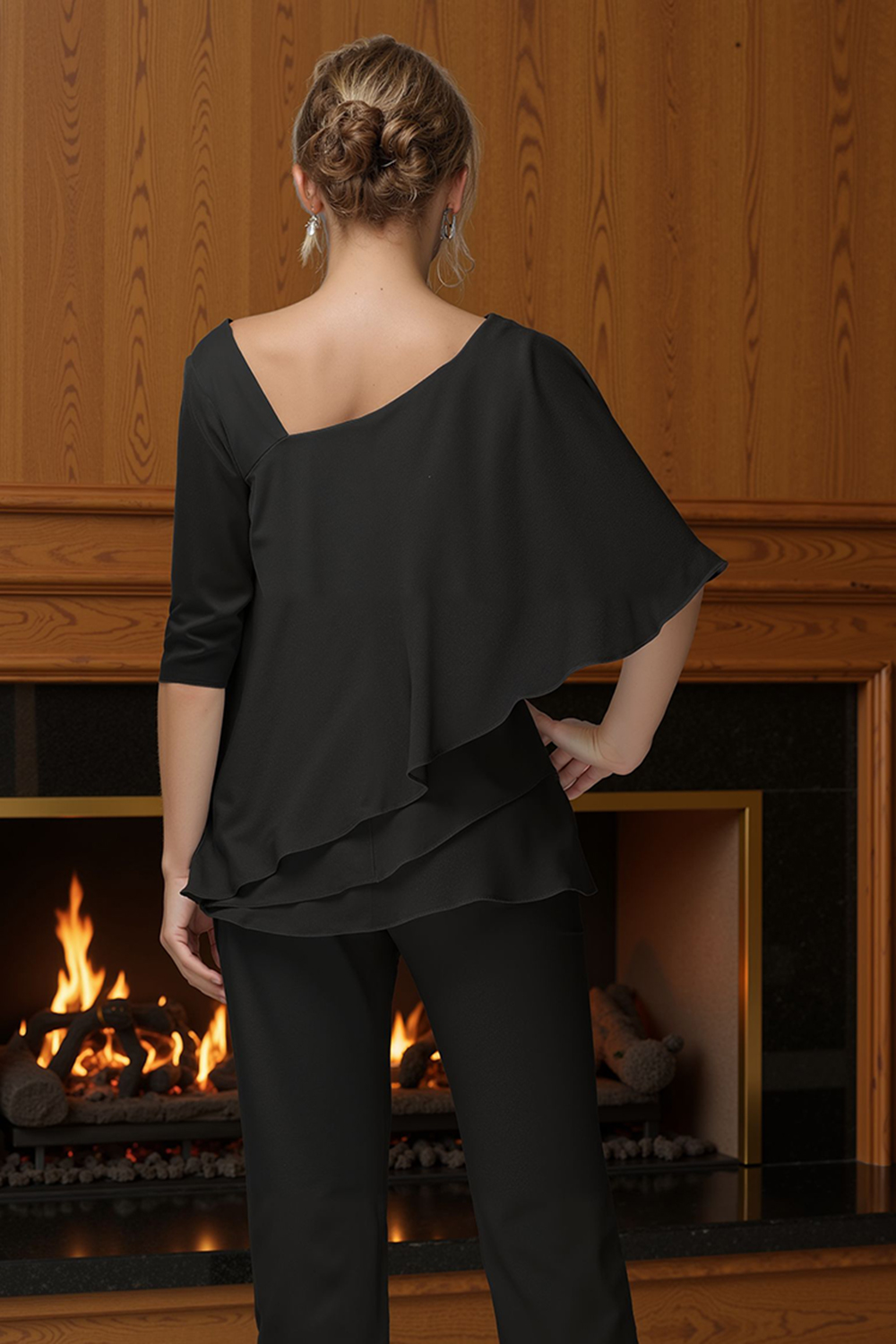 Black Tiered Satin 2 Piece Mother of the Bride Pant Suits with Sleeves