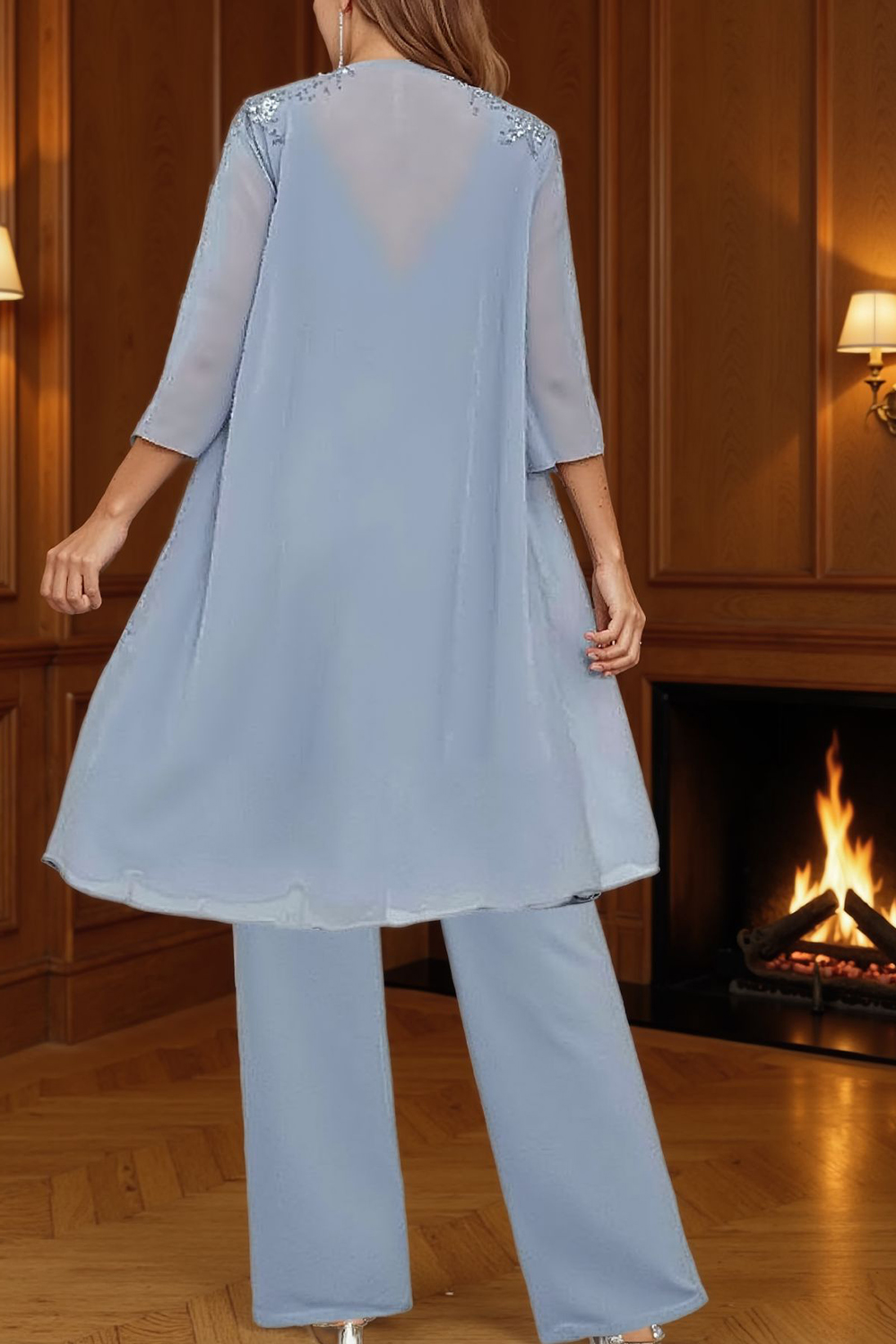 Sparkly Dusty Blue Chiffon Beaded 3 Piece Mother of the Bride Pant Suits with Jacket