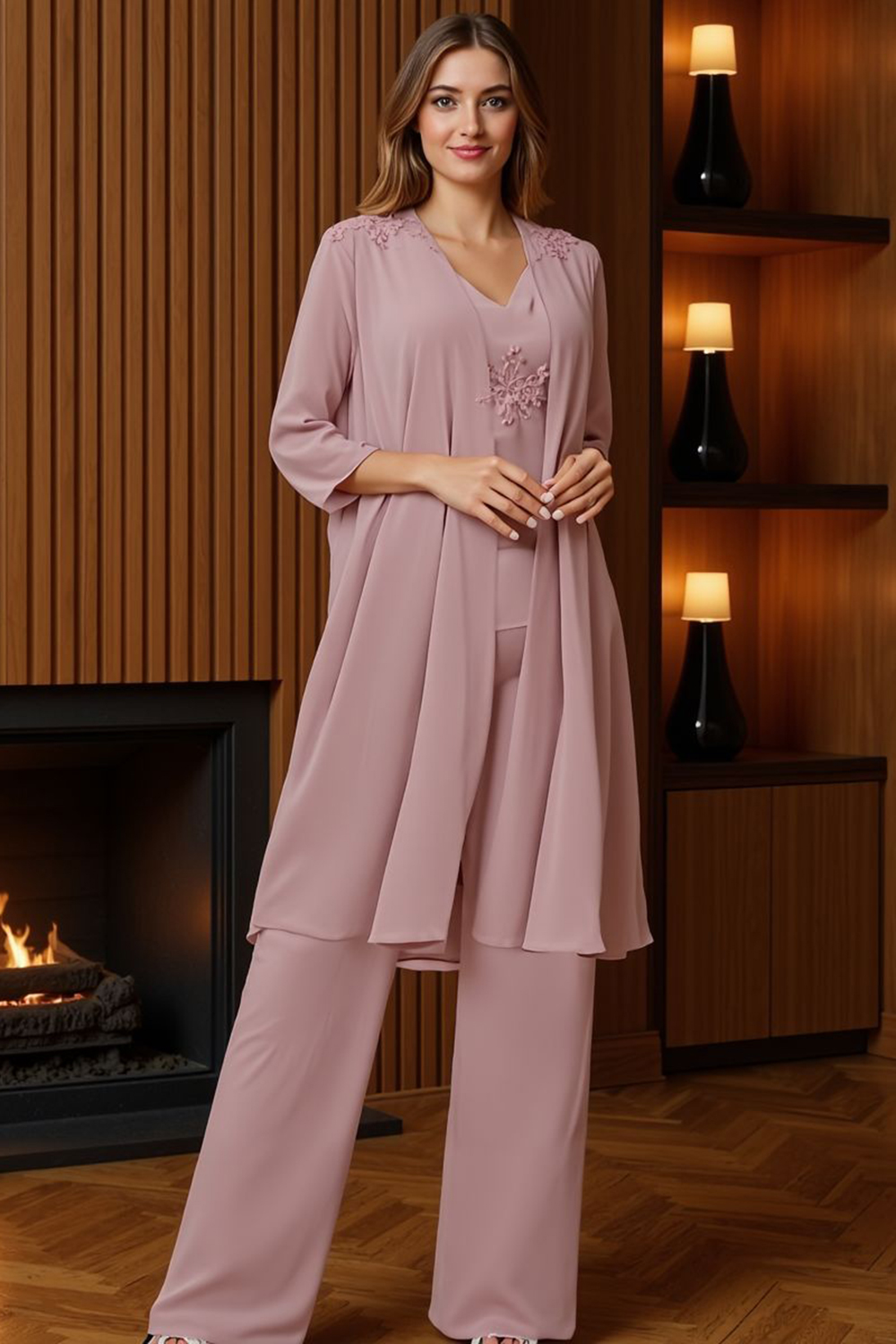 Sparkly Dusty Blue Chiffon Beaded 3 Piece Mother of the Bride Pant Suits with Jacket