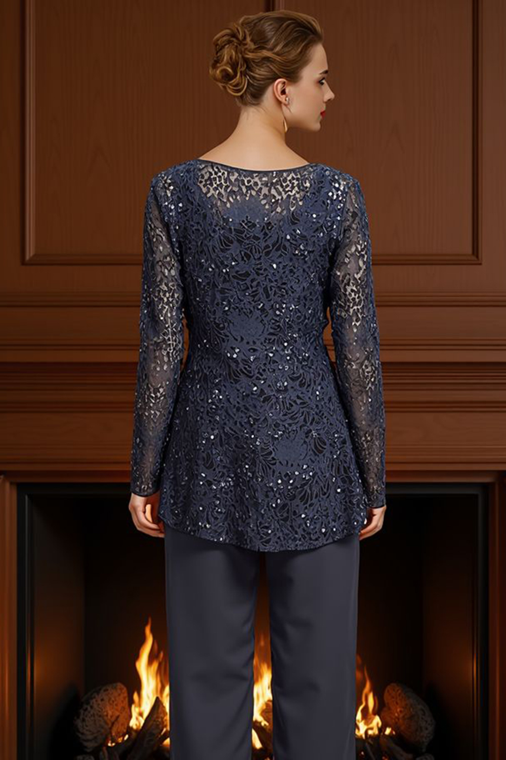 Sparkly Navy Sequin Boat Neck 2 Piece Mother of the Bride Pant Suits with Lace