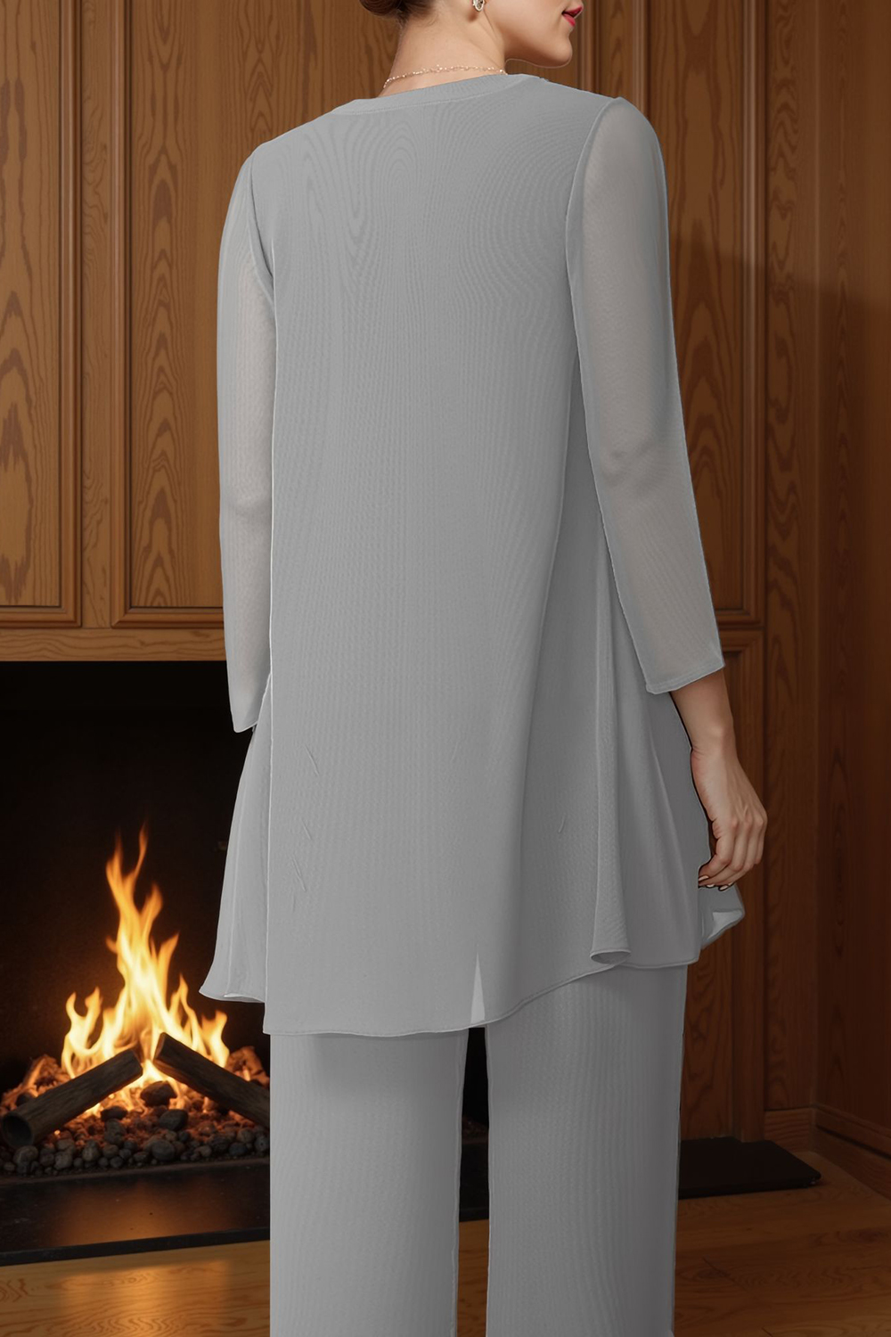 Silver Chiffon Boat Neck 3 Piece Mother of the Bride Pant Suits with Jacket