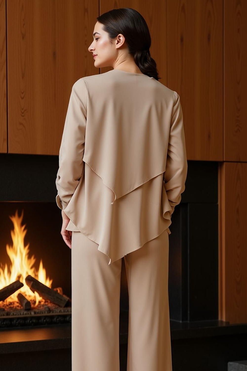 Khaki Chiffon Boat Neck 3 Piece Mother of the Bride Pant Suits with Jacket