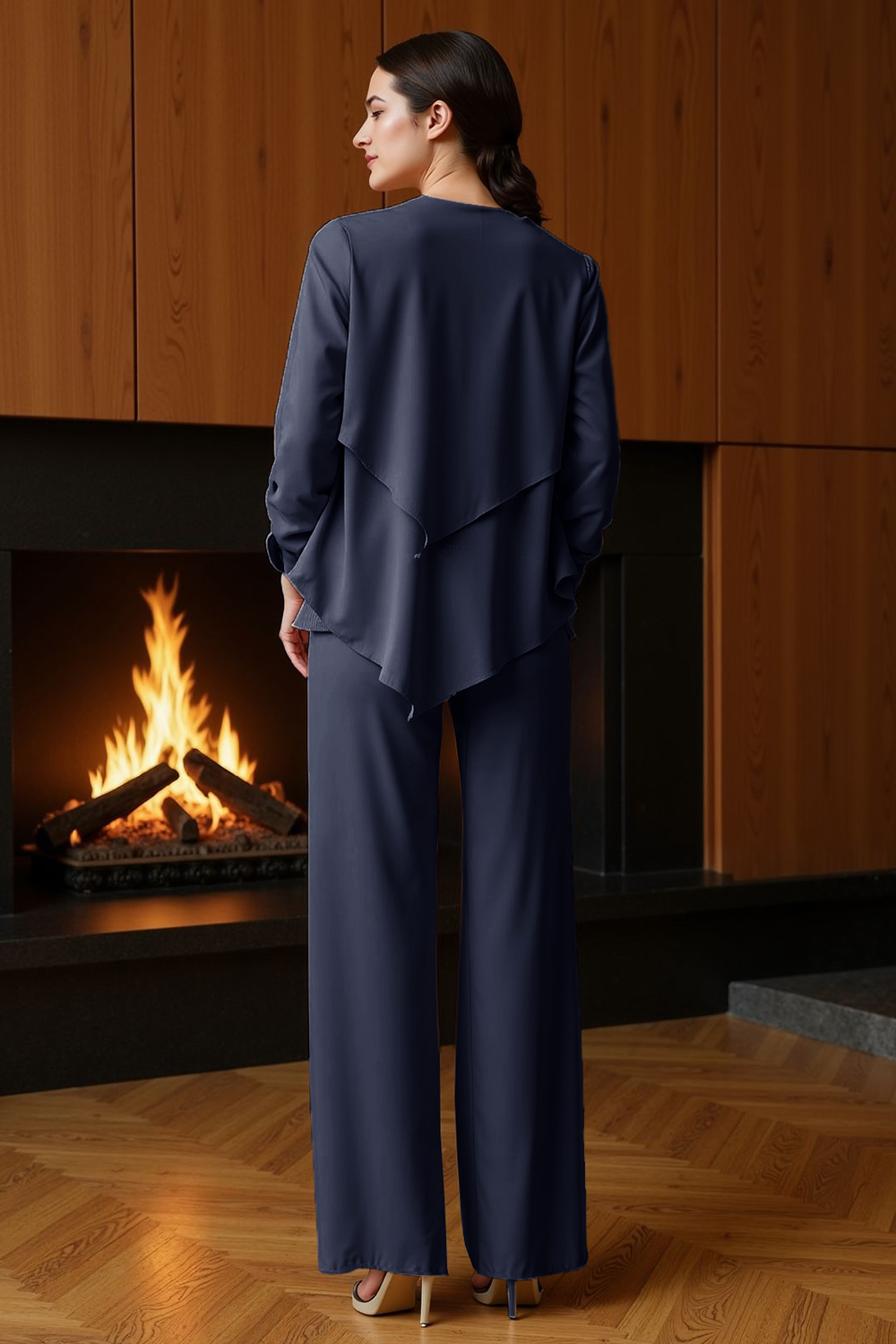 Khaki Chiffon Boat Neck 3 Piece Mother of the Bride Pant Suits with Jacket