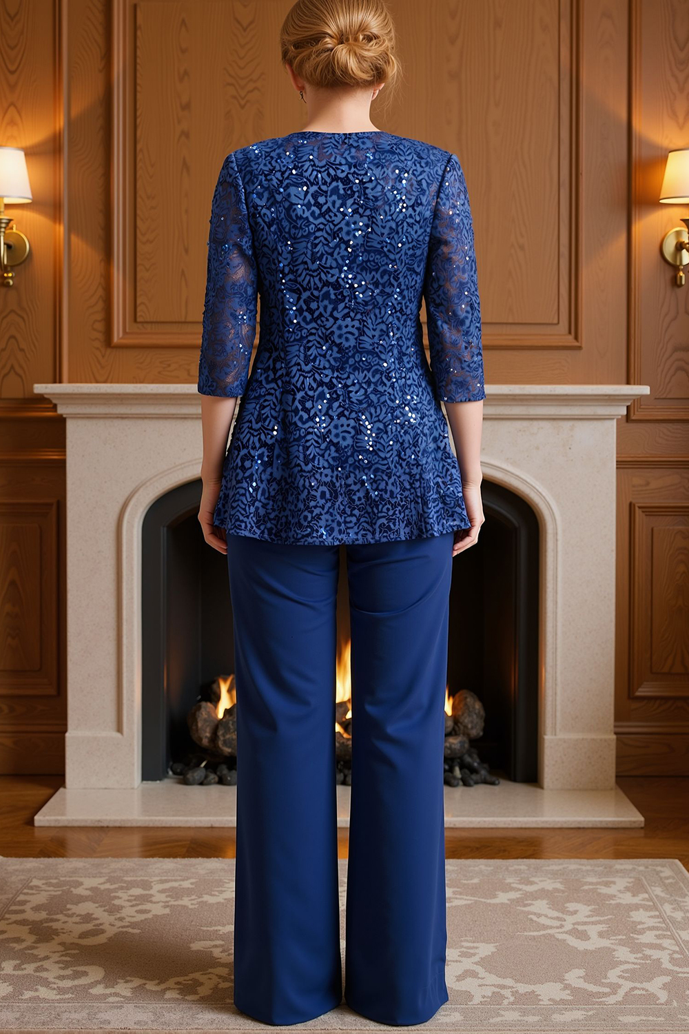 Sparkly Dark Blue Sequin Boat Neck 3 Piece Mother of the Bride Pant Suits with Jacket