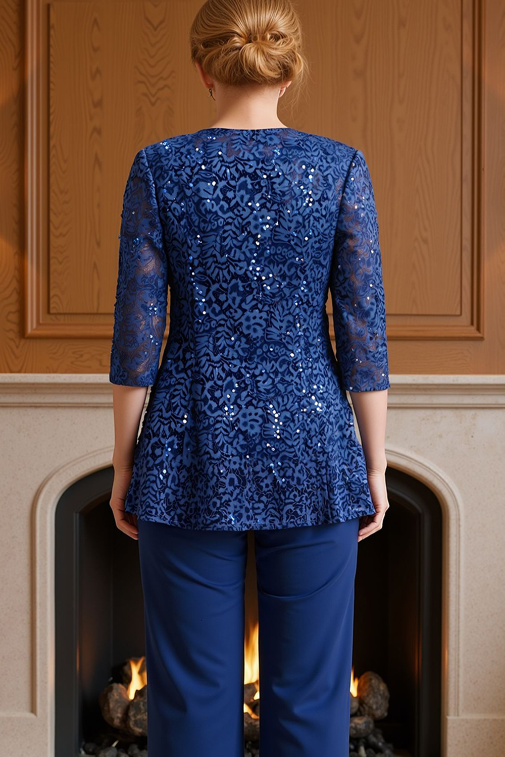 Sparkly Dark Blue Sequin Boat Neck 3 Piece Mother of the Bride Pant Suits with Jacket