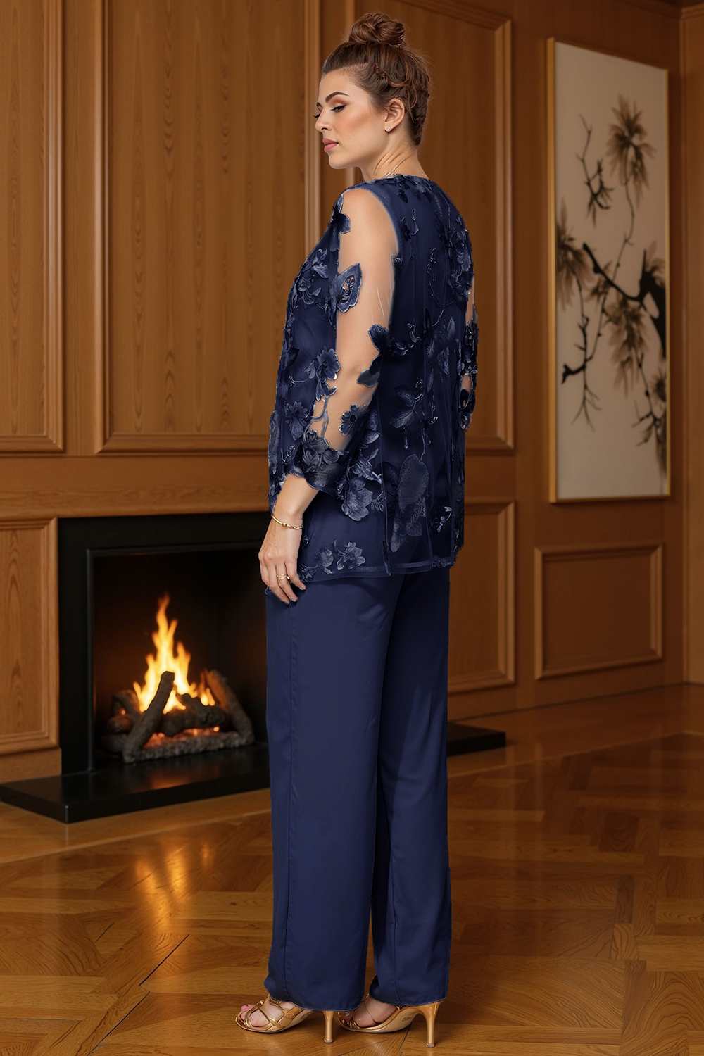 Navy Boat Neck Floral 3 Piece Mother of the Bride Pant Suits with Jacket