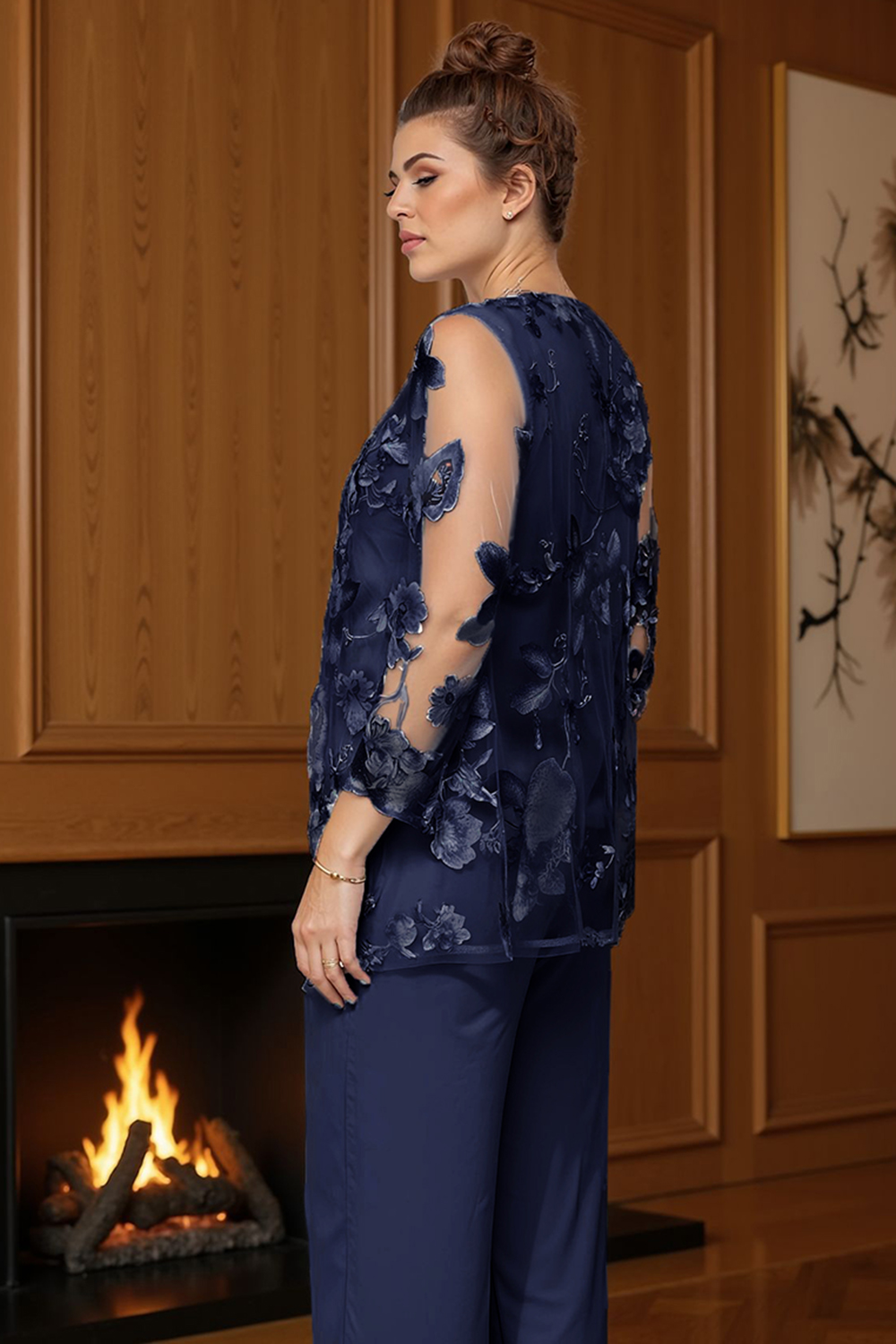 Navy Boat Neck Floral 3 Piece Mother of the Bride Pant Suits with Jacket