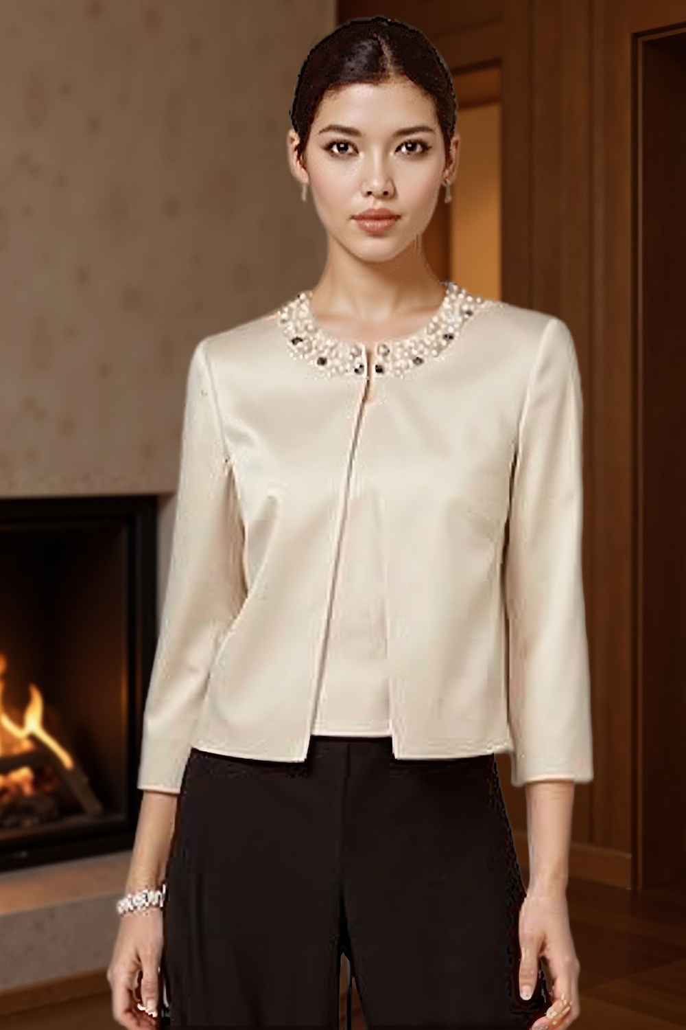 Sparkly Black Apricot Beaded 3 Piece Mother of the Bride Pant Suits with Jacket