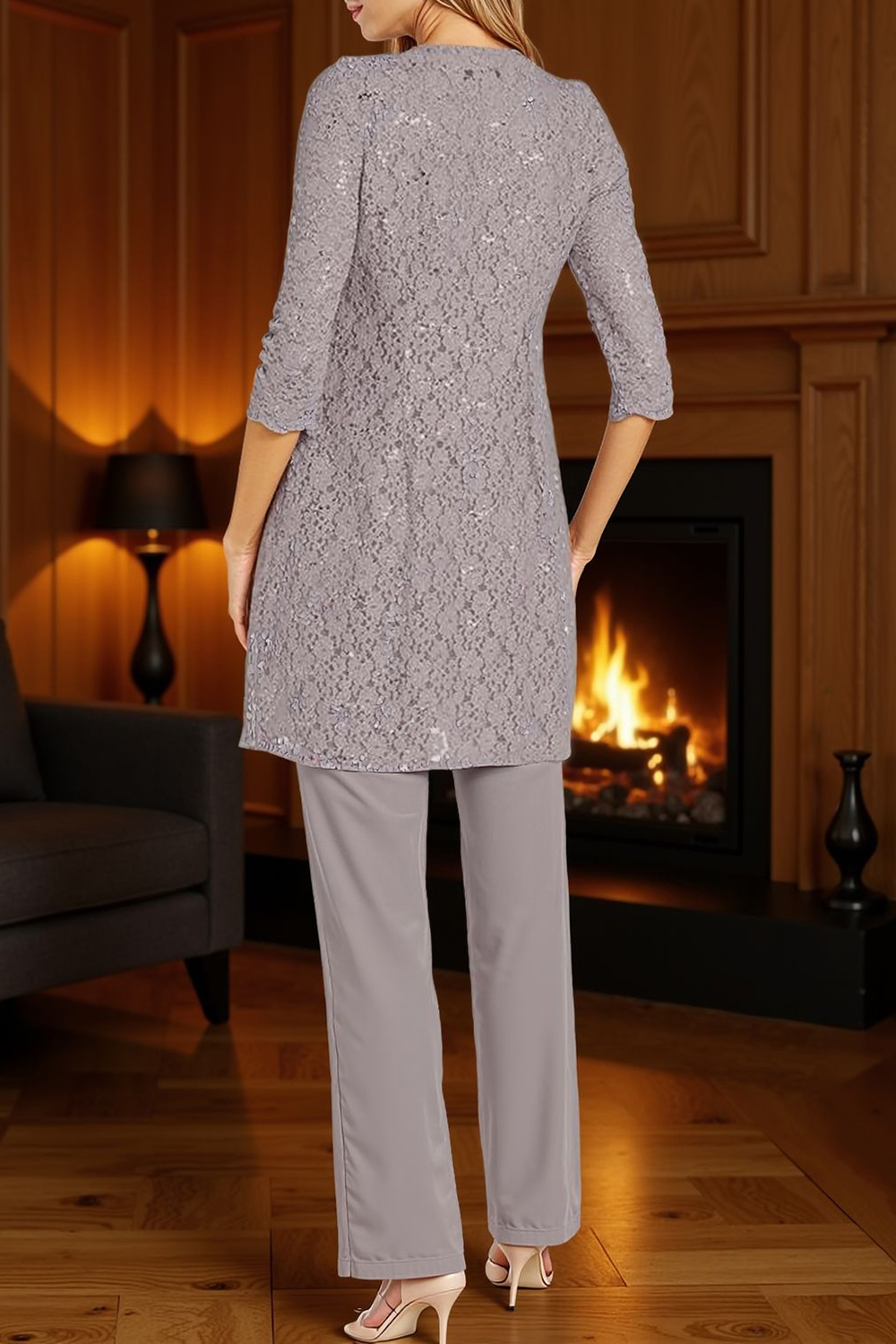 Sparkly Dusk Beaded Boat Neck 3 Piece Mother of the Bride Pant Suits with Jacket