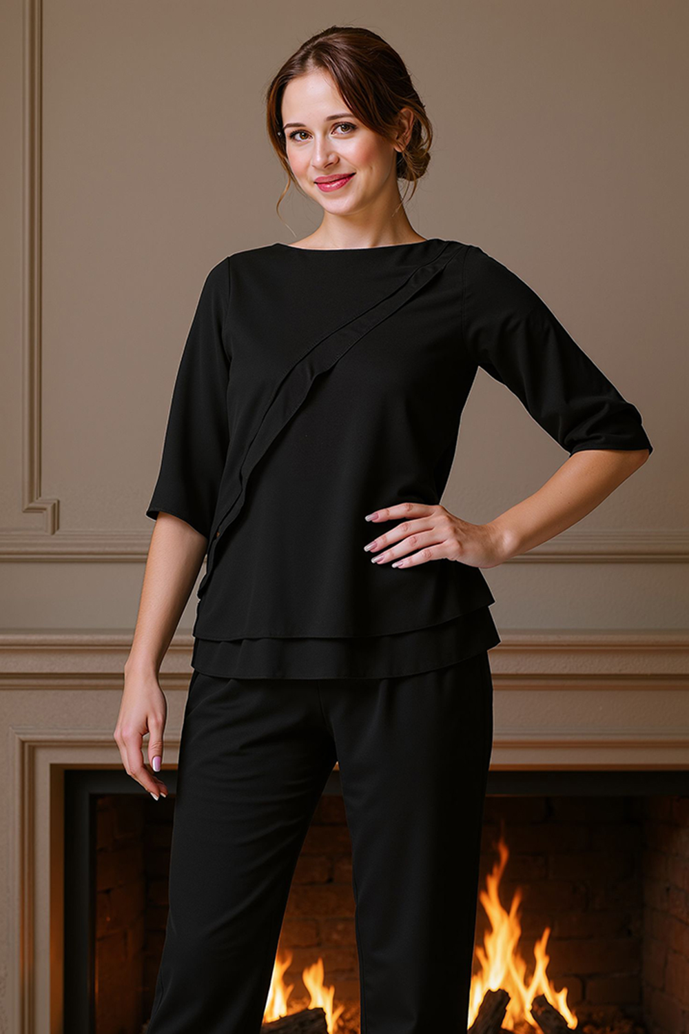 Black Satin Bateau Neck 2 Piece Mother of the Bride Pant Suits with Sleeves