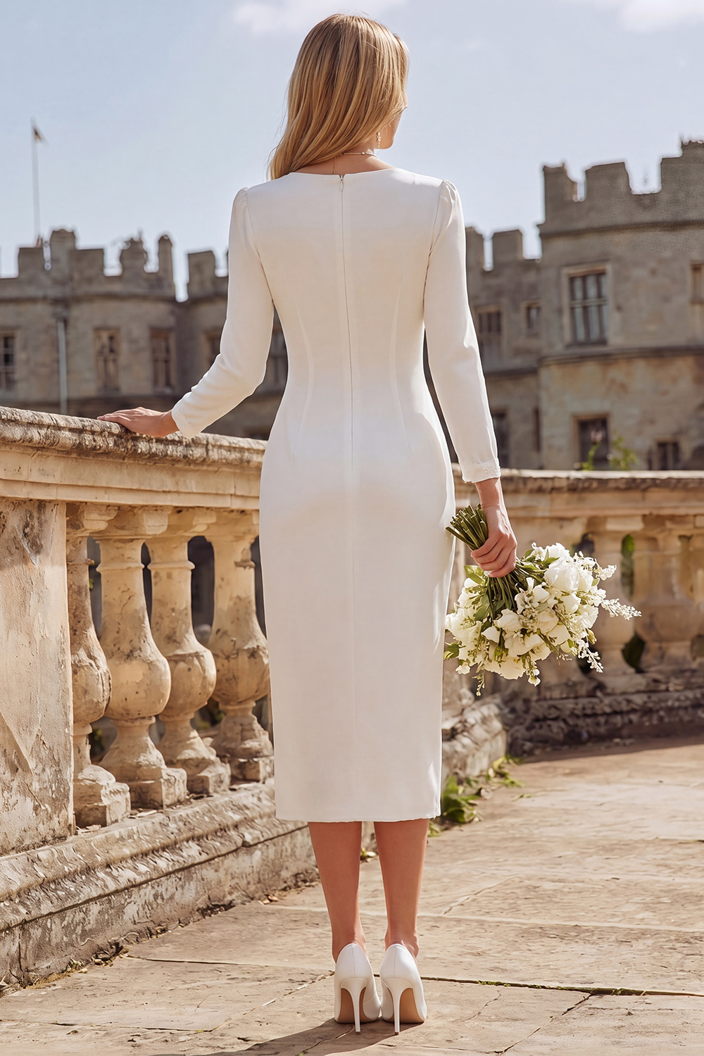 Ivory V-Neck Sheath Satin Ruched Midi Engagement Dress with Slit