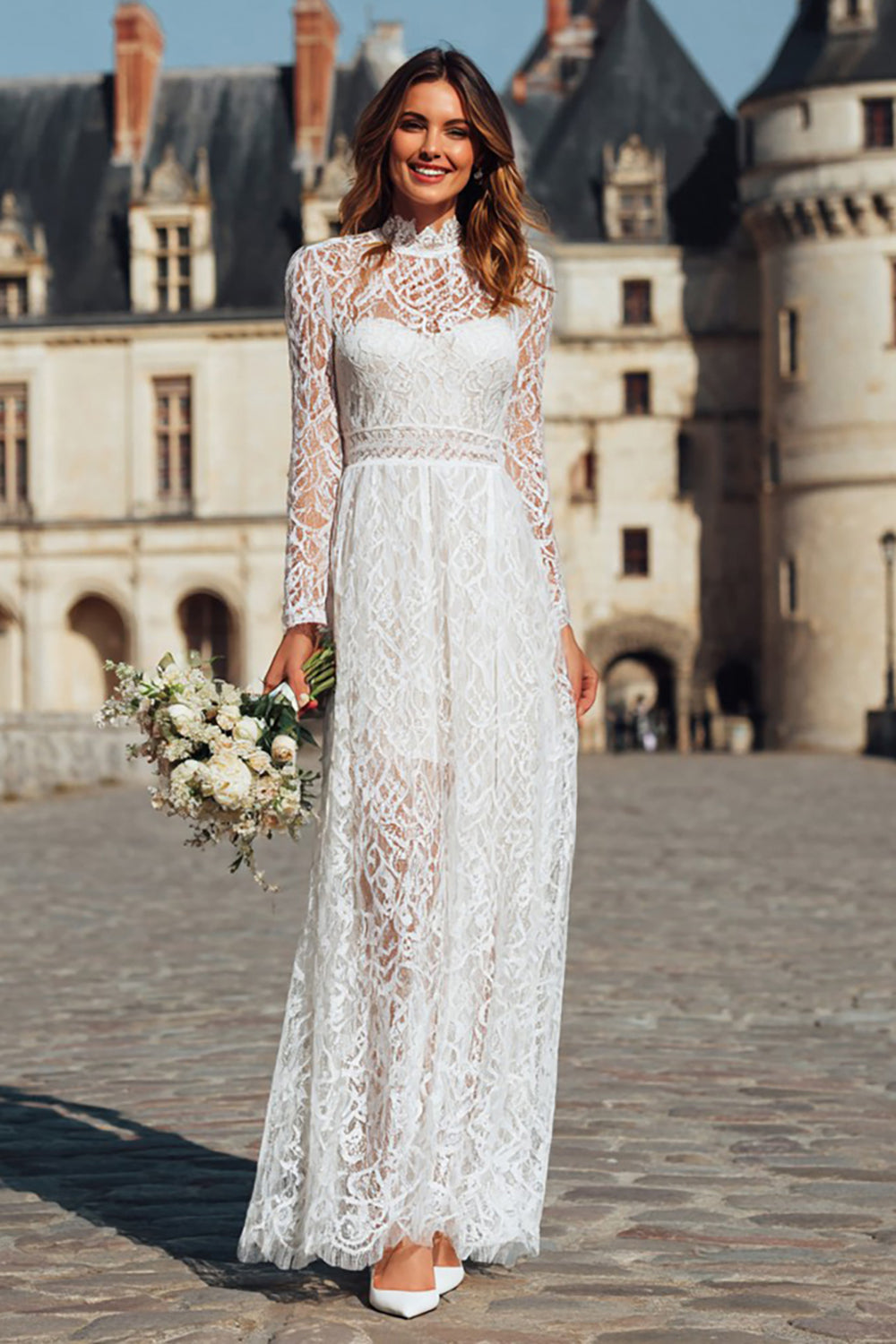 Ivory Lace High Neck Maxi Boho Wedding Dress with Sleeves