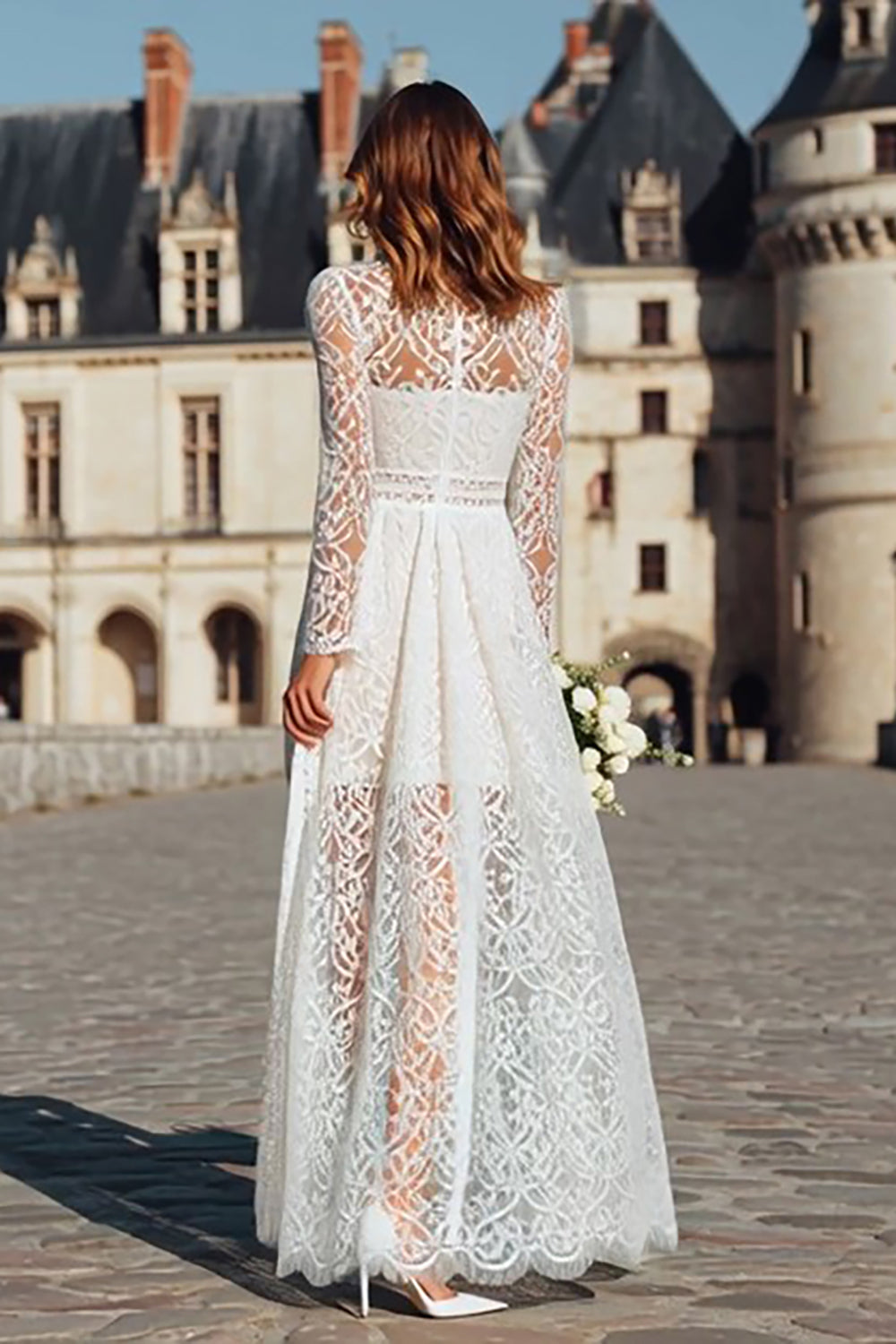 Ivory Lace High Neck Maxi Boho Wedding Dress with Sleeves
