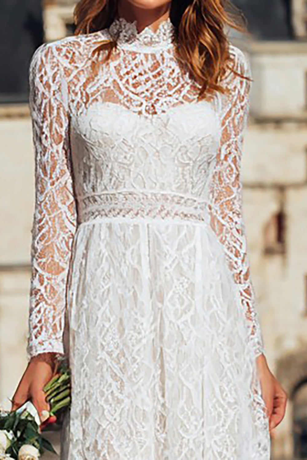 Ivory Lace High Neck Maxi Boho Wedding Dress with Sleeves