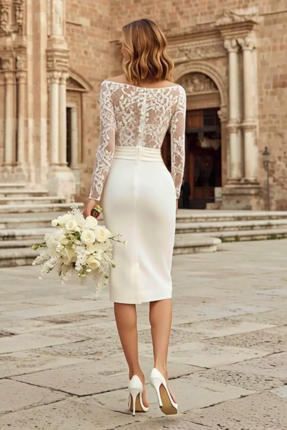 Ivory Bateau Neck Bodycon Lace Midi Wedding Dress with Sleeves
