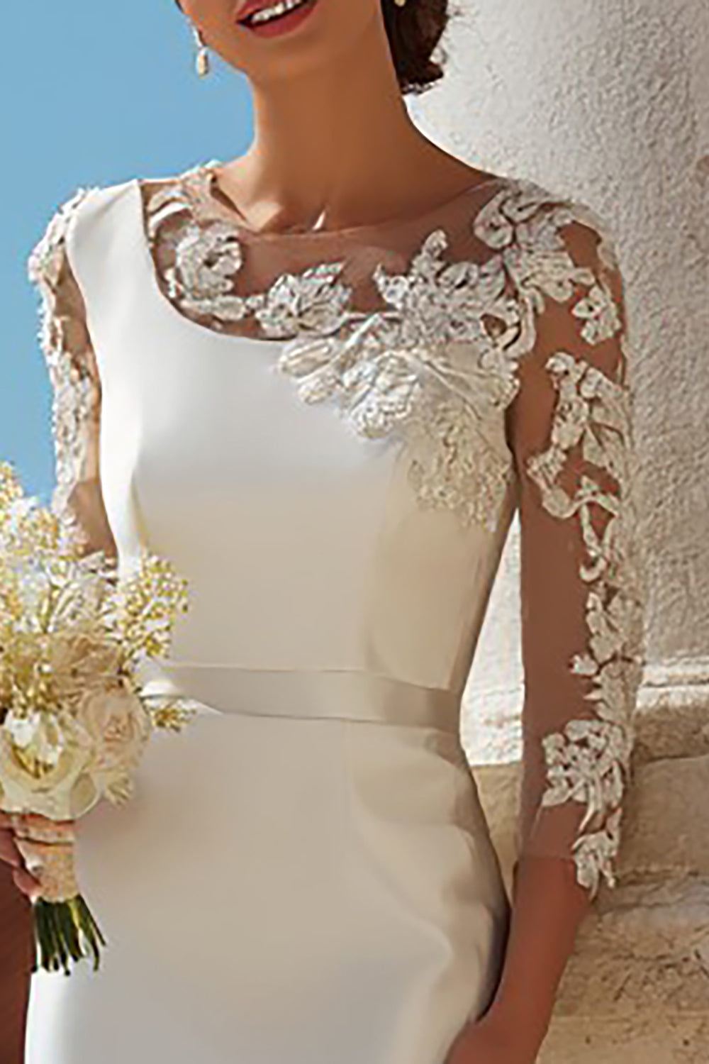 Ivory Sheath Appliqued Midi Rehearsal Dinner Dress with Sleeves