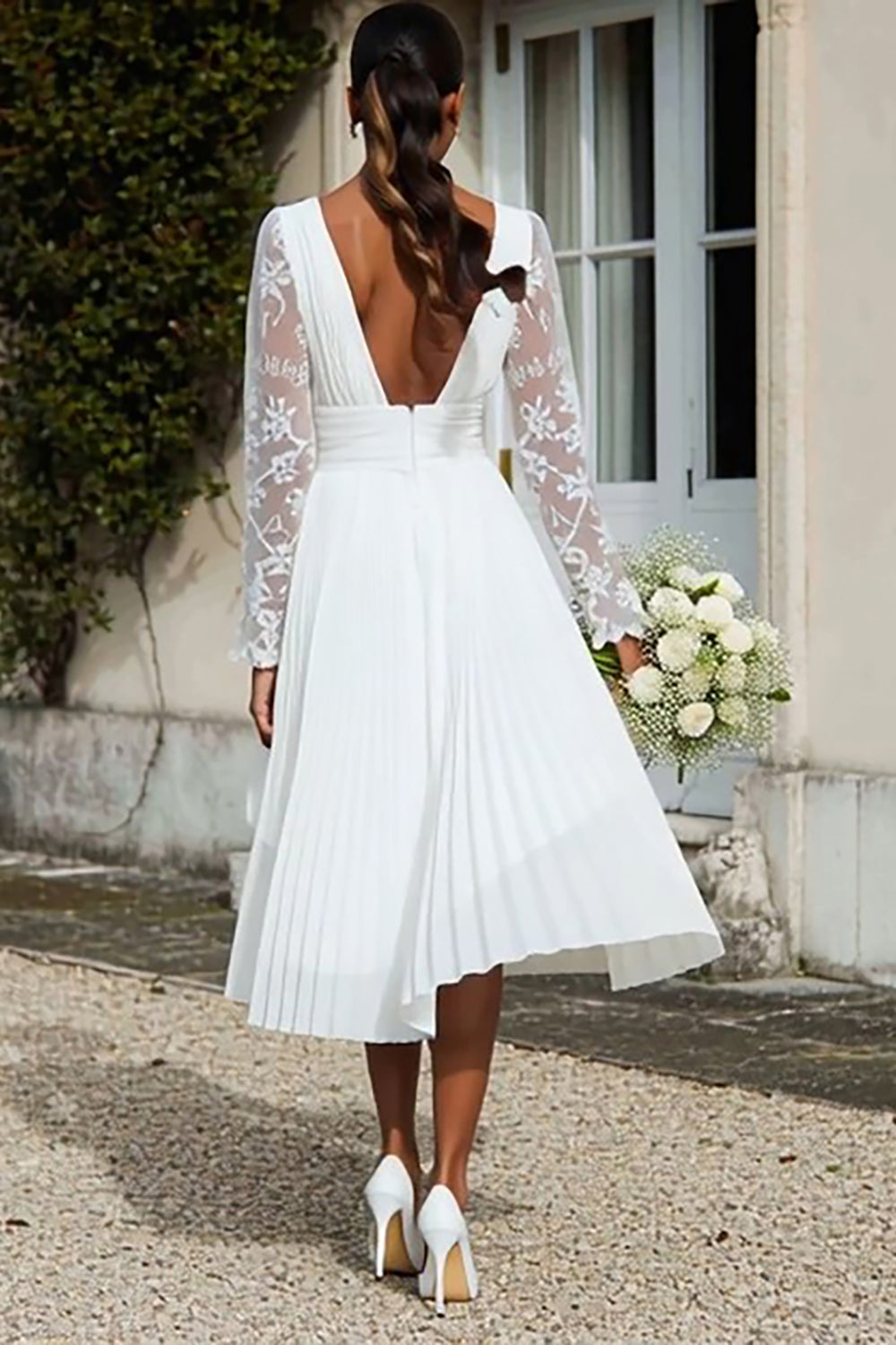 Ivory A-Line Pleated V-Neck Midi Engagement Dress with Sleeves