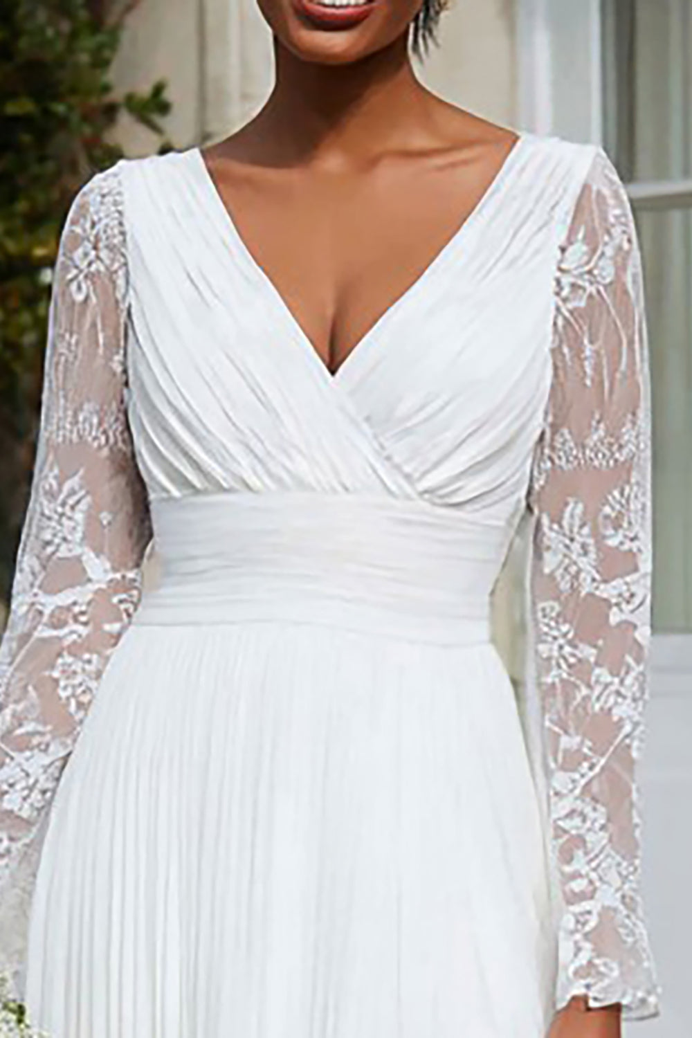 Ivory A-Line Pleated V-Neck Midi Engagement Dress with Sleeves