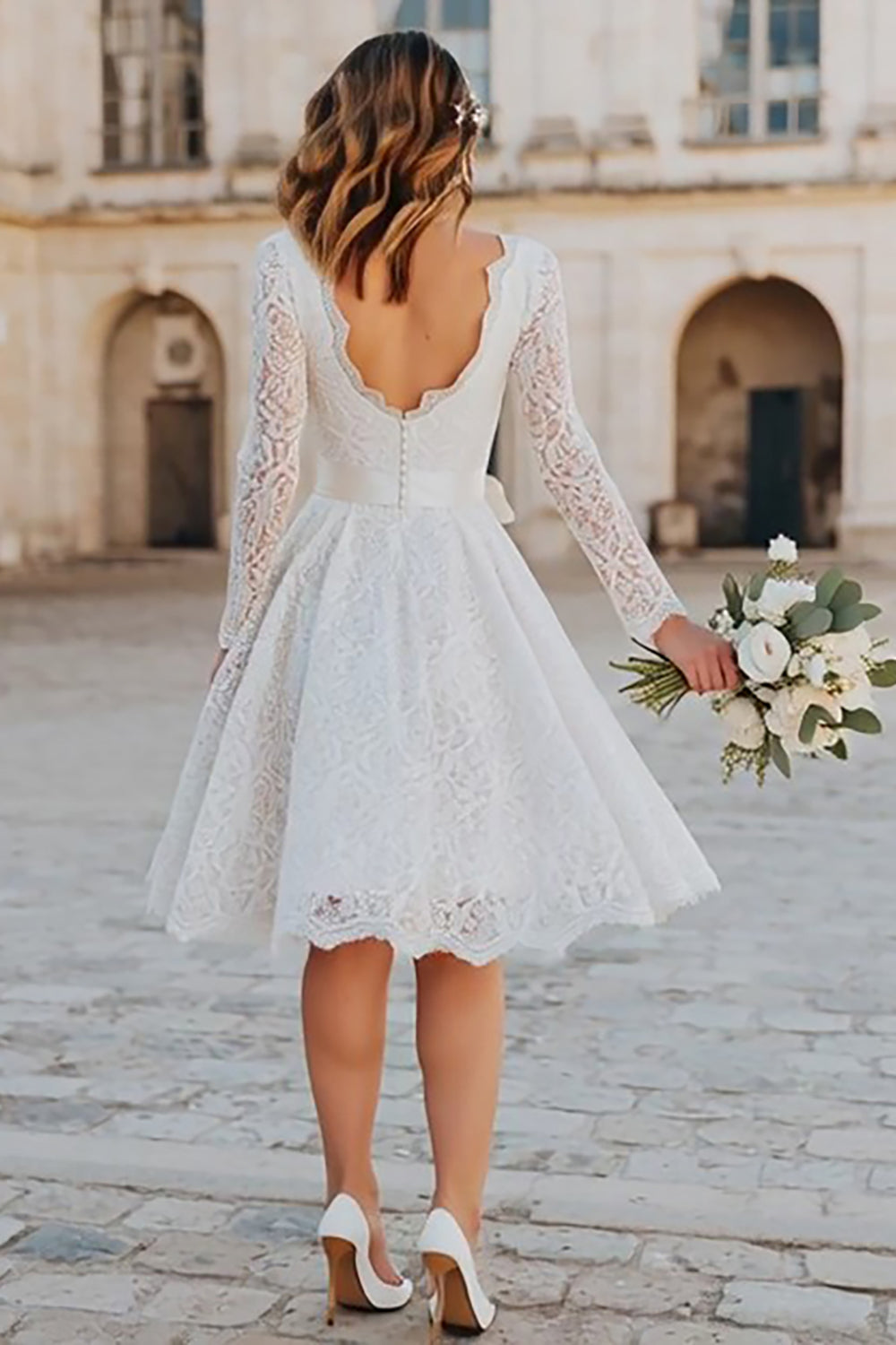 Ivory A Line Lace Midi Boho Wedding Dress with Bow